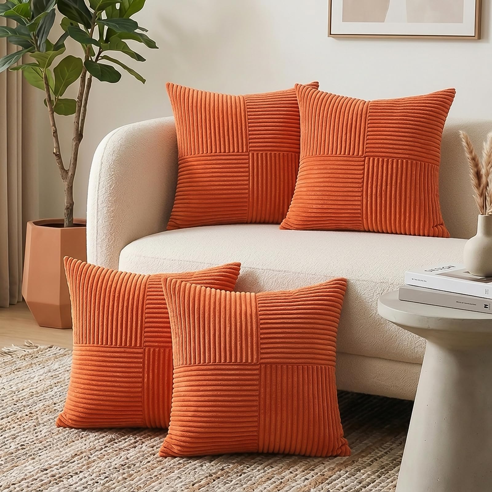 Sungeek Rust Decorative Cushion Covers Set of 4 Soft Corduroy Striped Cross Patchwork Textured Pillow Cover Solid Boho Farmhouse Throw Pillow Cases for Sofa Couch Bedroom Living Room 45x45cm