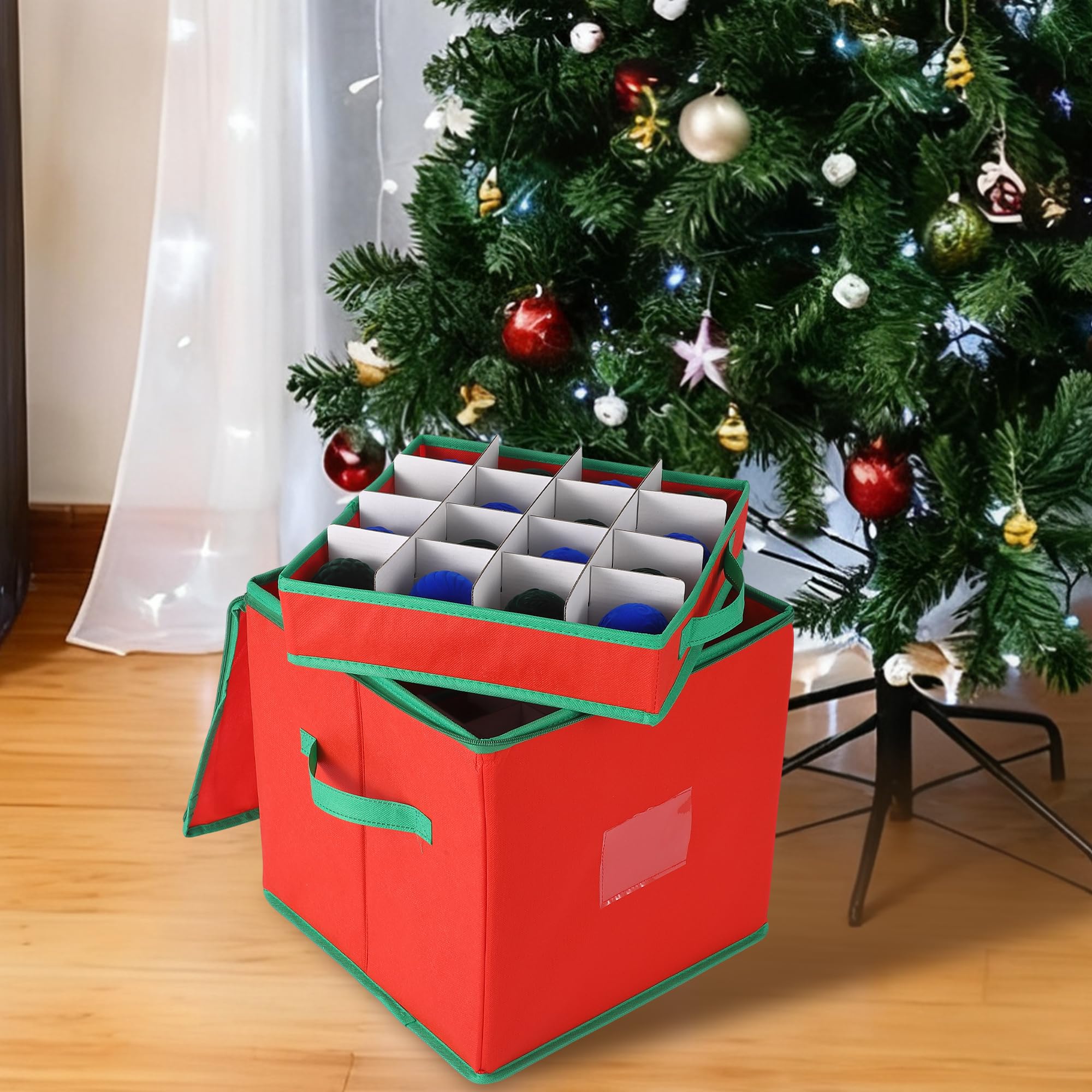 2er Set Weihnachtsdeko Aufbewahrung, Weihnachtskugel Box Mit Herausnehmbaren Tabletts, Doppel-Reißverschluss, Reißfestem Vliesstoff – Lagert Bis Zu 128 Christbaumkugeln, Rot