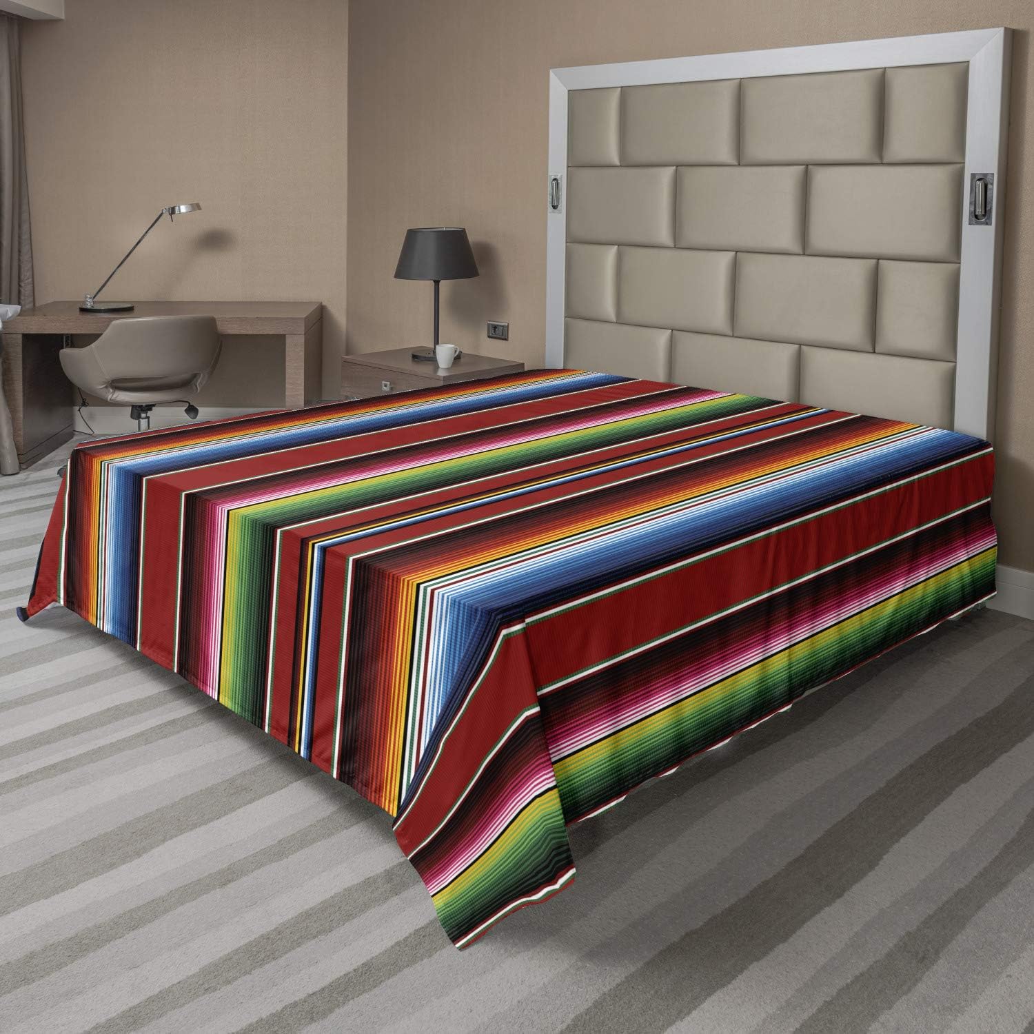 Ambesonne Cinco de Mayo Flat Sheet, Mexican Serape Colorful Stripes Vertical Lines Latino Design Illustration, Soft Comfortable Top Sheet Decorative Bedding 1 Piece, Queen Size, Ruby Brown