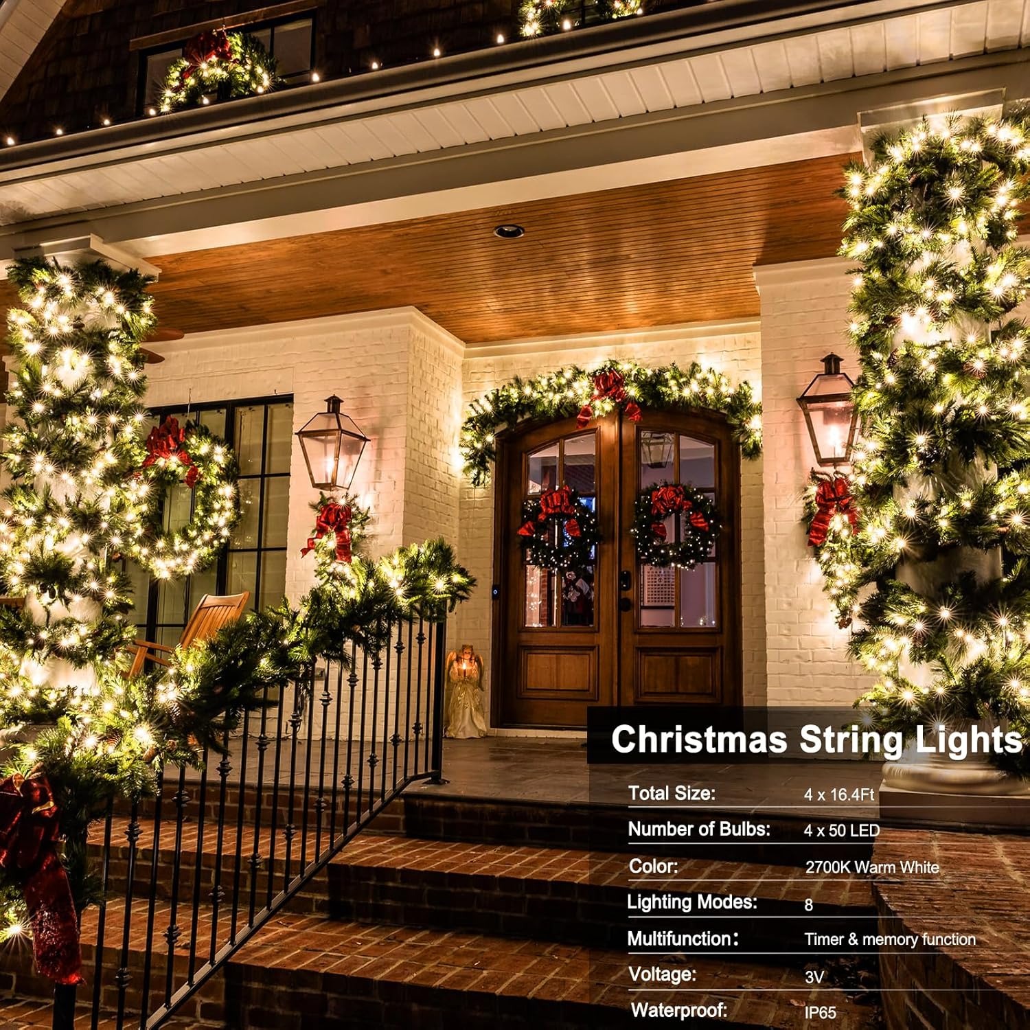 4 Pack- Battery Operated Outdoor Tree String Lights with 50 Warm White LEDs on 16.5ft/5m of Dark Green Cable,Outdoor Battery Xmas Wreath Lights with Timer for Christmas Yard Holiday Decoration