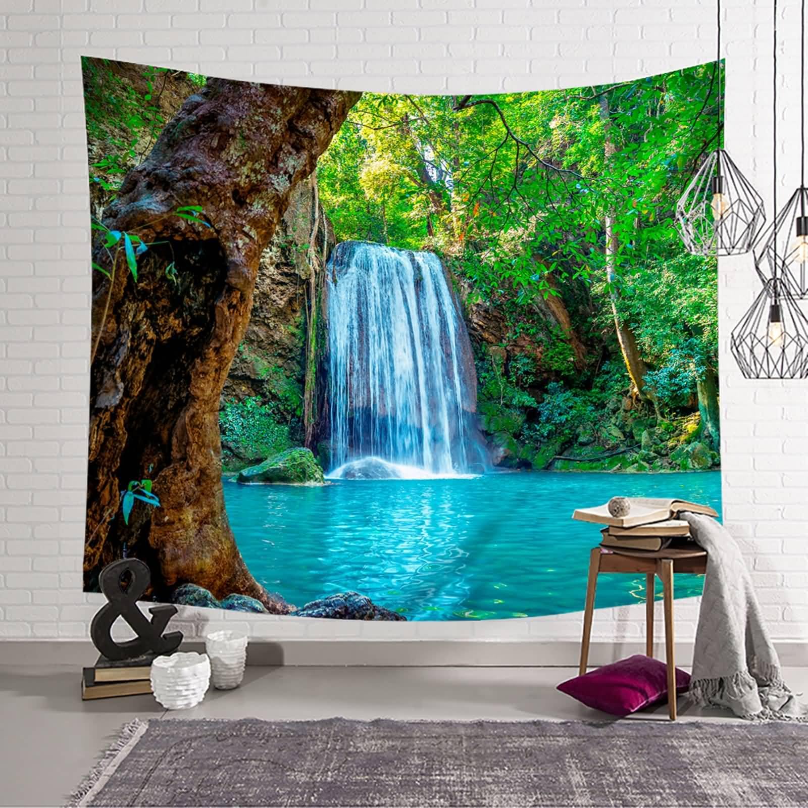 Landschaft Tapisserie Wandbehang | Polyester Natürliche Landschaft mit Wasserfall Wandbehang Dekoration für Wohnzimmer Schlafzimmer & Schlafsaal | Grün Blau Weiß, 350x256cm