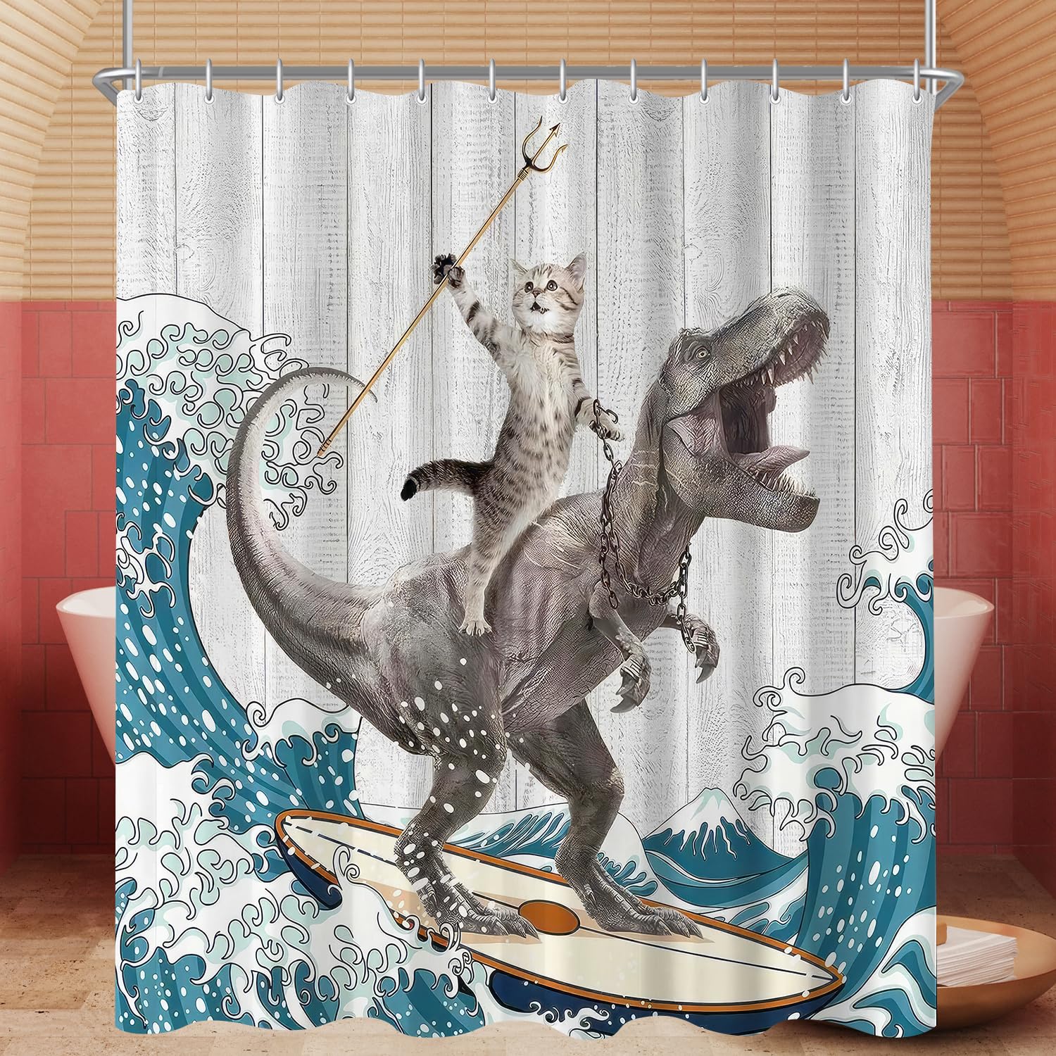 Lerores Shower Curtain, 150 x 200 cm, Cats and Dinosaurs, Weighted Hem, Anti-Mould, Water-Repellent, Washable Polyester Bath Curtains with 12 Eyelets and Shower Curtain Rings for Bathroom, Bathtub