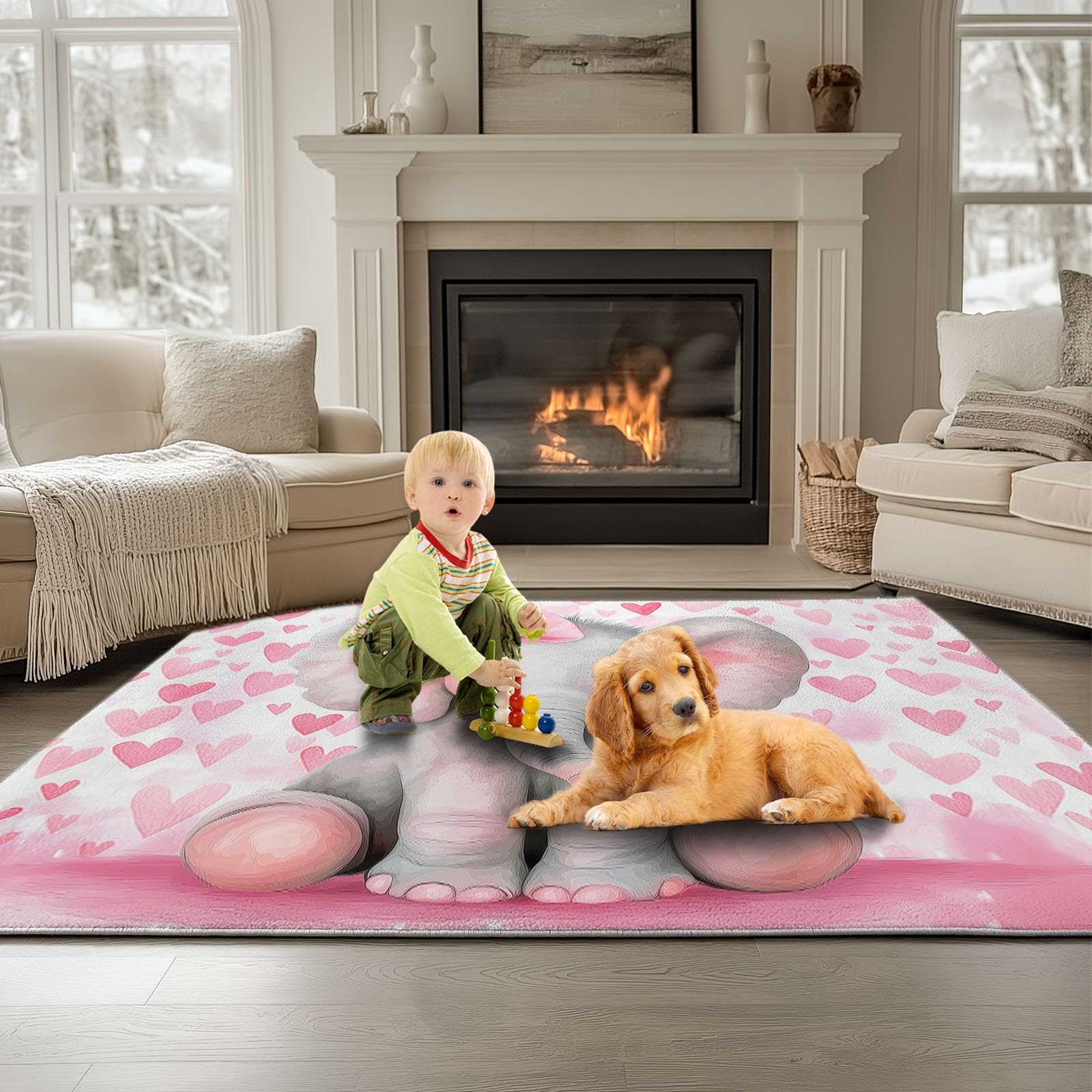 Generico Tappeto Nursery per Neonate, Morbido Pluche Antiscivolo per Bambine, XL, Elefante con Cuori Rosa Decorazione Gioco, 140 x 200 cm