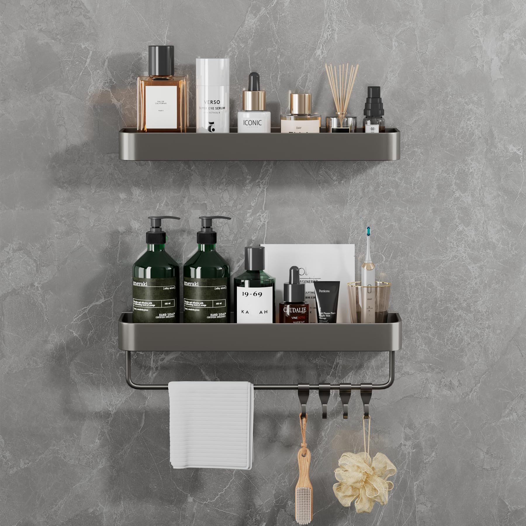 JALVPI Estante para ducha sin taladrar, 2 unidades organizador de baño, toallero, estante de ducha, cesta de ducha para baño y cocina, aluminio (gris, 40 cm)