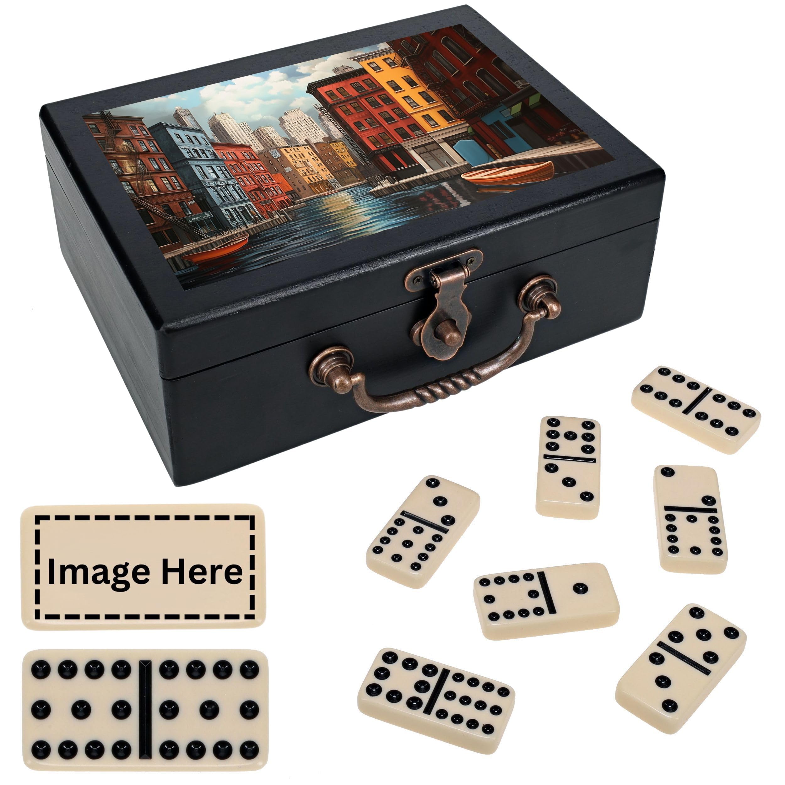 WE Games Custom Color Printed Image Double 12 Dominoes in Black Stained Wooden Treasure Box, Dominoes Set for Adults, Ivory Color Double Twelve Domino, Tile Games, Personalized Domino Gift