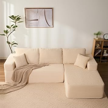 272cm L-Shaped Boneless Sofa, Corduroy Fabric, White