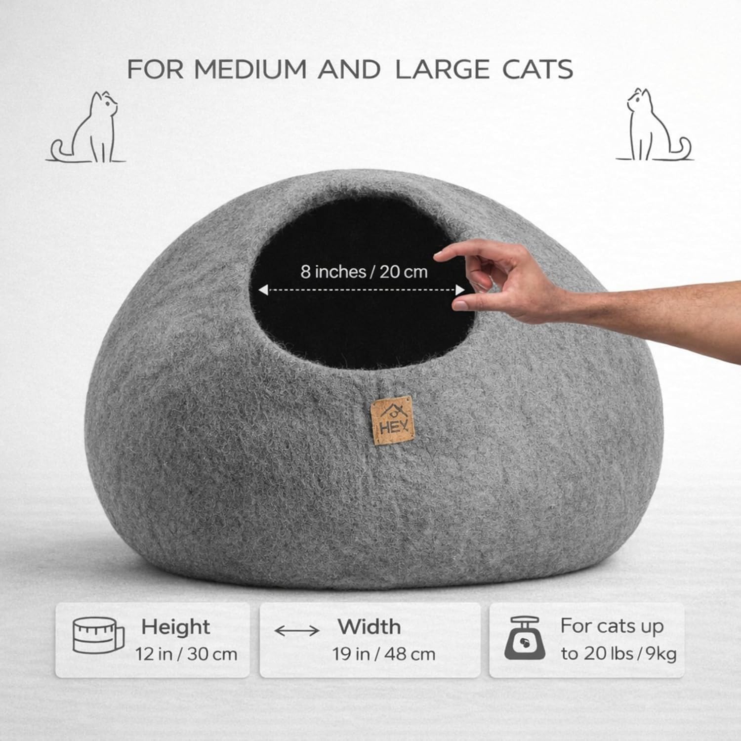 Wool Cat Cave, Handmade Felted Wool Cat Bed for Indoor Cats, Cozy Pet Hideout Pod, Natural Cat House for Kittens & Small Cats, Warm, Durable & Stylish Cat Condo (Medium, Plain Gray)