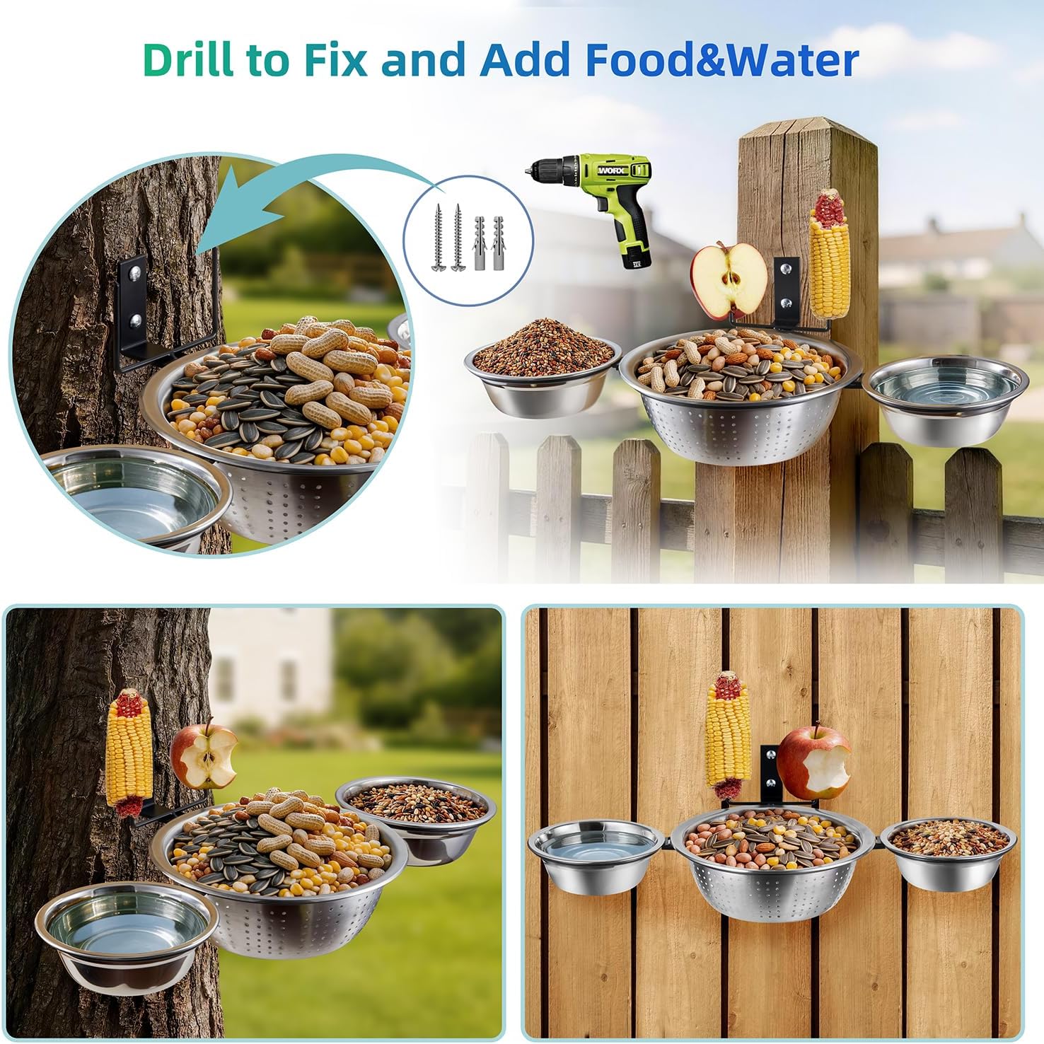 3 Bowls Squirrel Feeders for Outside, Bird Water Bath Feeder for Tree, Fence, Backyard, 2 Corn Cob Holders for Outdoor, Multiple Food Fun