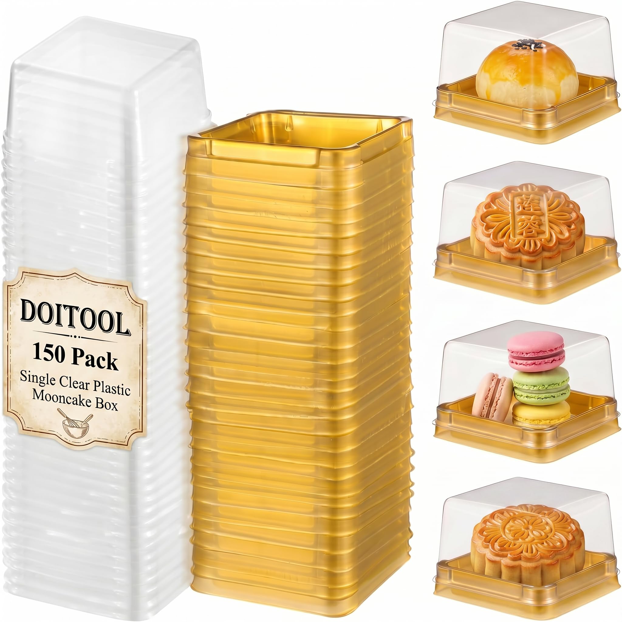 DOITOOL Paquete de 150 cajas individuales de plástico transparente con tapas transparentes, bandejas cuadradas para tartas de luna, cajas de embalaje para magdalenas, cajas de postre transparentes