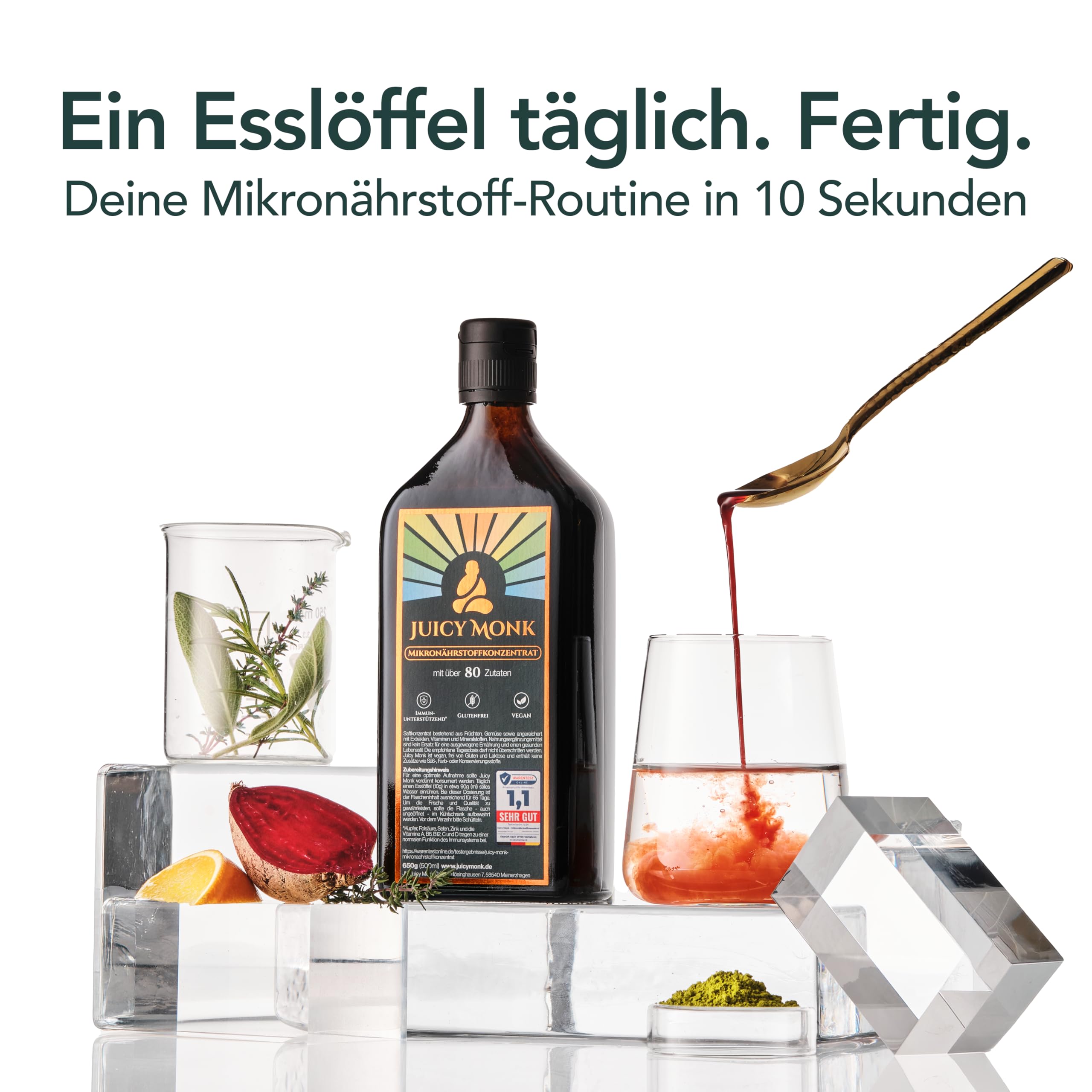 Juicy Monk Mikronährstoffkonzentrat | 80+ natürliche Zutaten | 650g für bis zu 65 Portionen | Flüssiges Frucht- & Gemüsesaftkonzentrat mit Vitamine, Mineralien & Ergänzungsmittel | Vital Drink