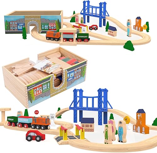 Miniatura 1 de Orbrium Toys Set de tren de lujo de 52 piezas con 3 destinos encaja en tren de madera Thomas Brio Chuggington Melissa and Doug Imaginarium