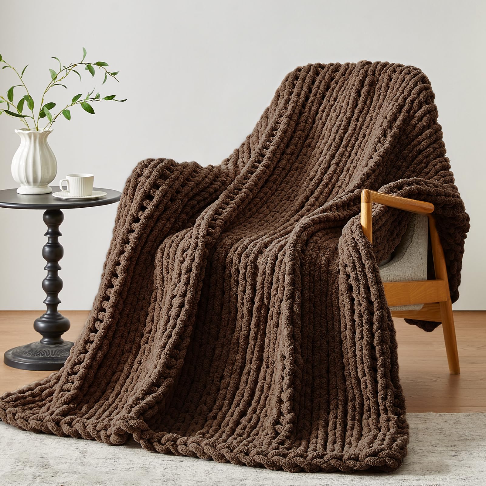 Negwoo Chunky Knit Throw Blanket, 31''*41'' Knitted Throw Chenille Yarn for Bed Couch, Handmade Dark Brown Crochet Big Thick Blanket, Machine Washable Cute Comfy Blanket for Home Decor