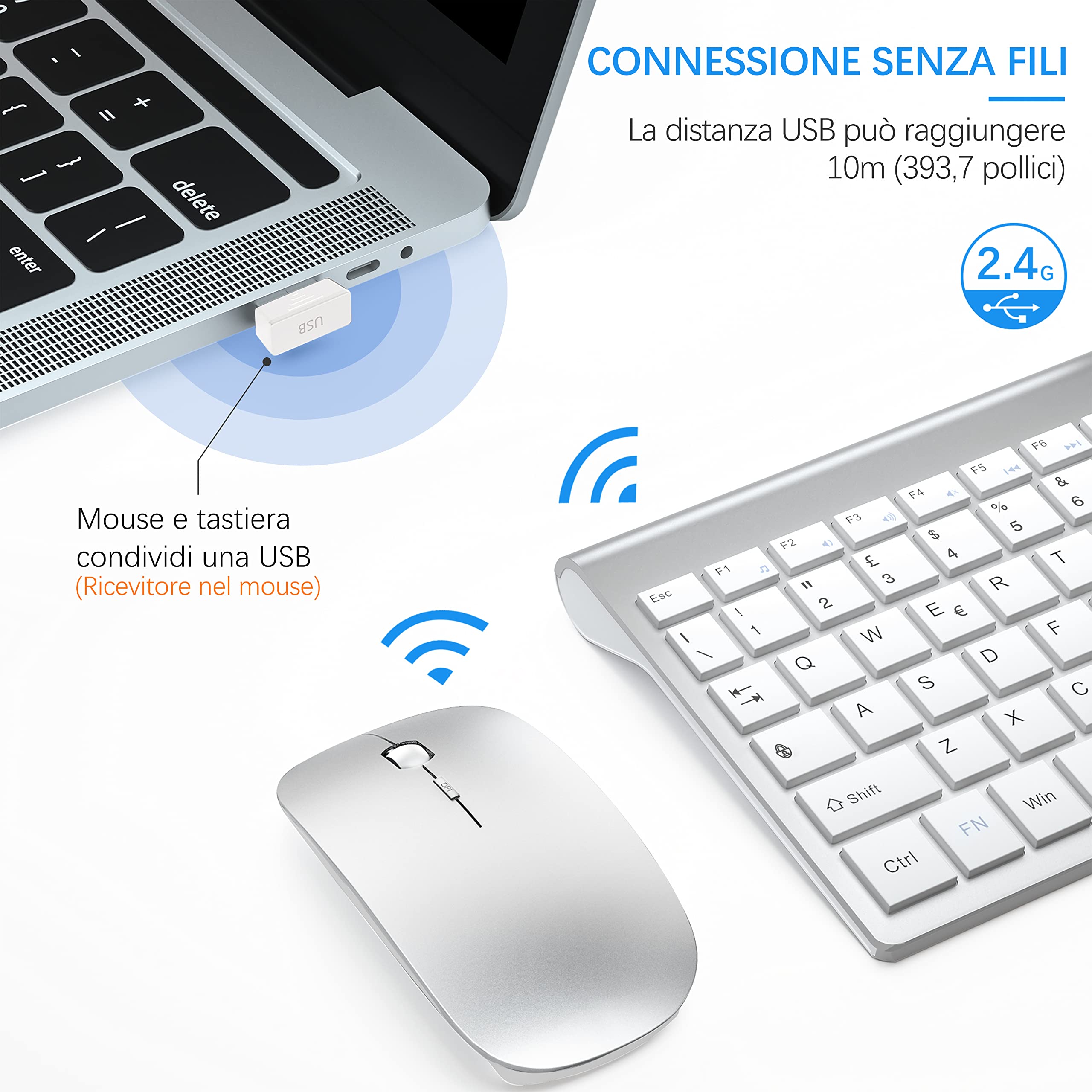 TopMate Kit Tastiera e Mouse Wireless UltraSottili, 2.4G USB Silenzioso Set 2400DPI Mouse e Tastiera Senza Fili Compatto con Coperchio, Batterie 2 AA+2 AAA, per PC/Laptop/Windows/Mac- Argento Bianco