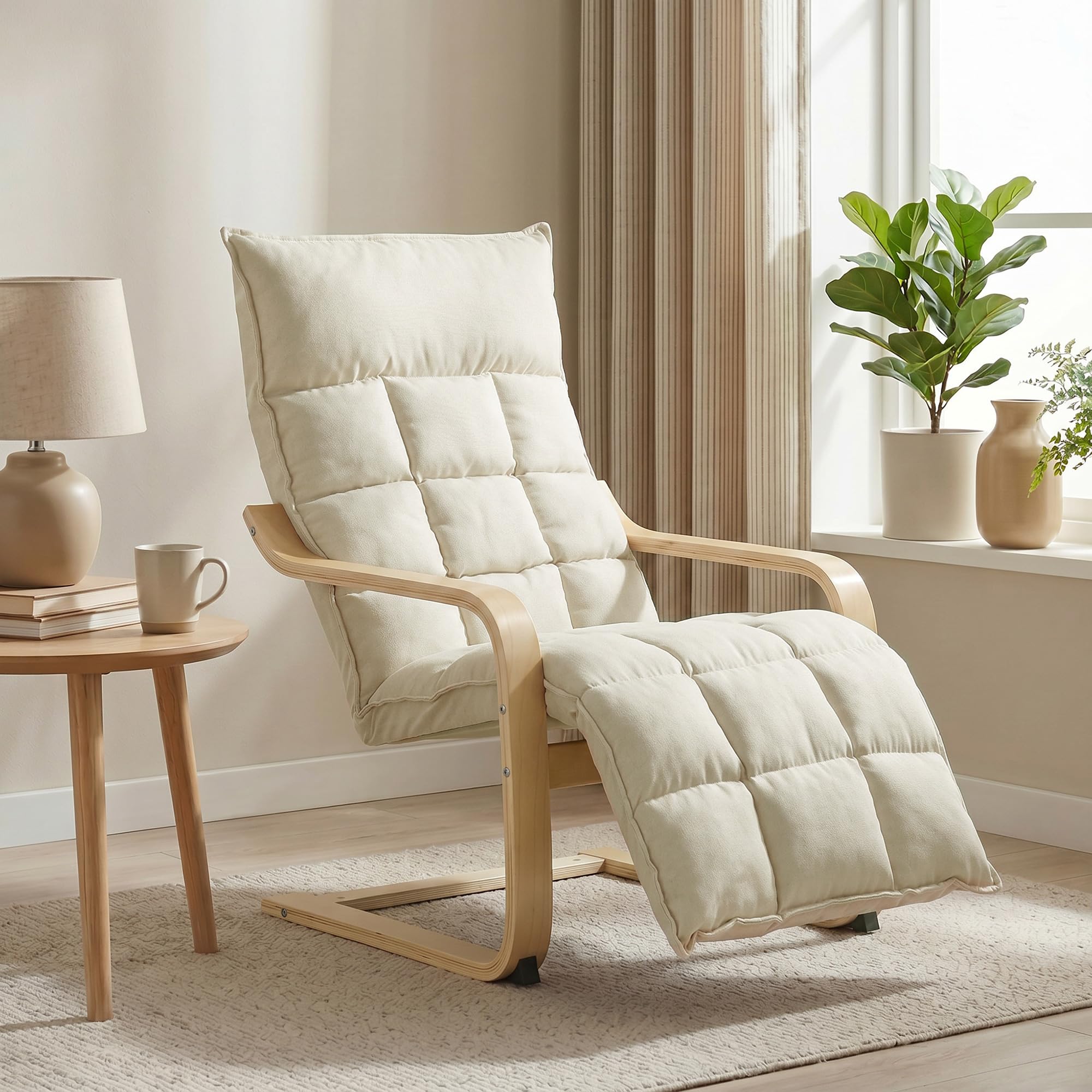 HOMCOM Accent Chair, Linen-Look Fabric Armchair with Footrest, Plush Cushion, High Back, Wide Seat, Curved Legs and Arms, Gentle Motion, Leisure Lounge Chair for Living Room, Bedroom, Cream White