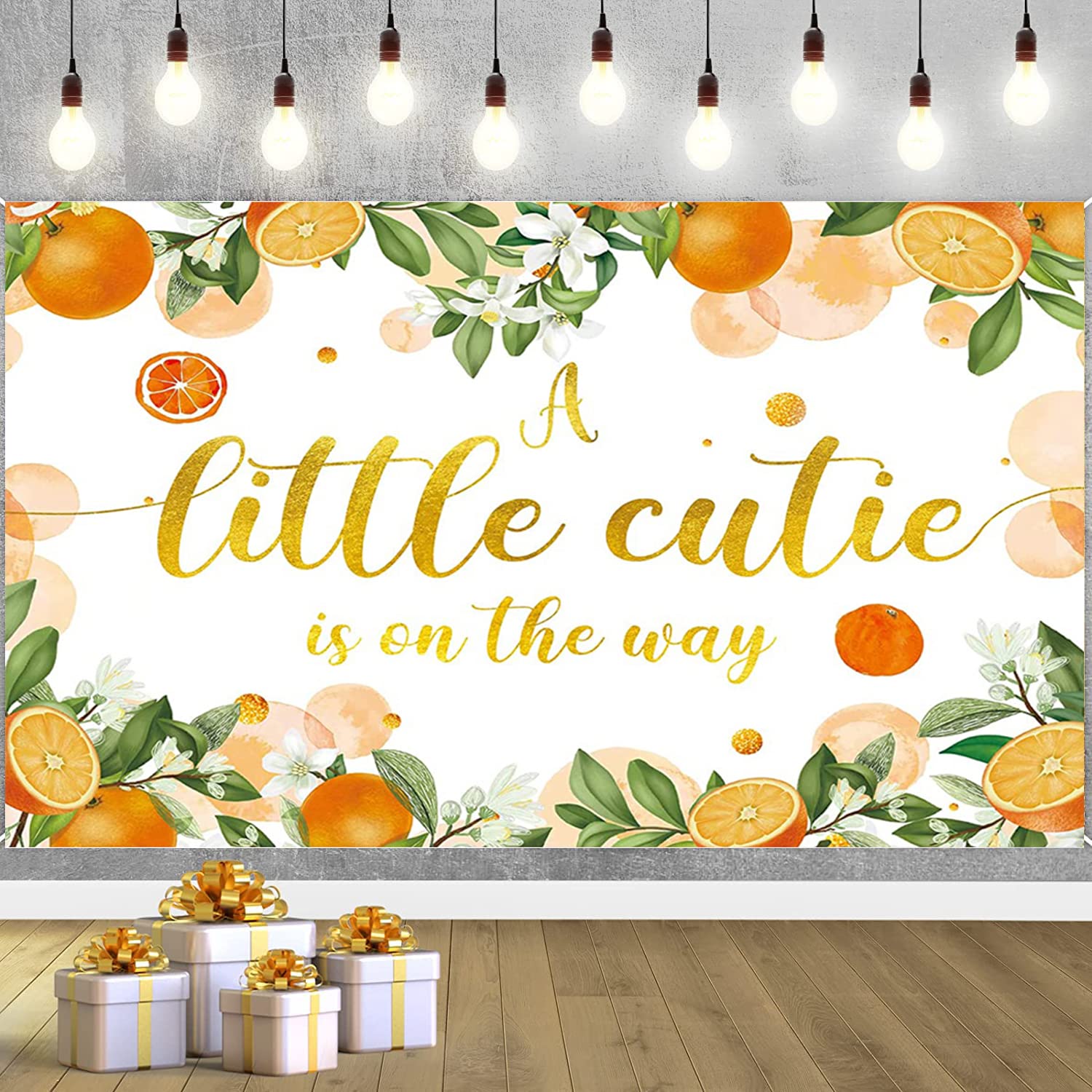 A Little Cutie is on The Way Backdrop Banner Gender Reveal Newborn Theme Party Decoration Orange Citrus Floral Baby Shower Photography Background