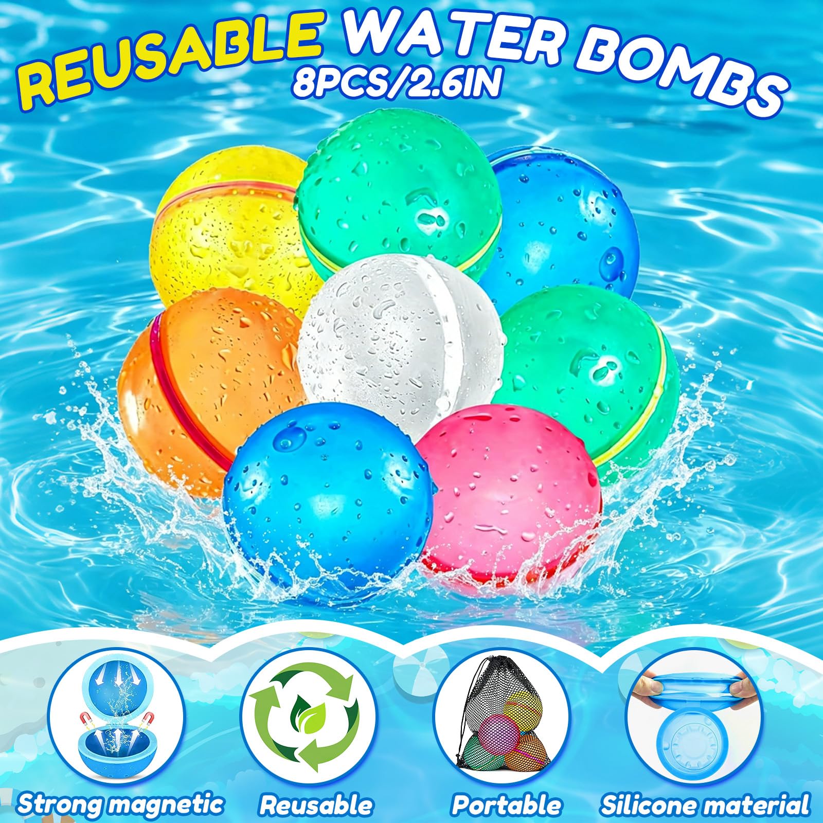 8 Pezzi Palloncini d'Acqua Riutilizzabili, Palloncini d'Acqua in Silicone Magnetico, Riempimento Rapido, Giocattoli Acquatici per Esterni, Festa in Piscina Estiva per Bambini Adulti