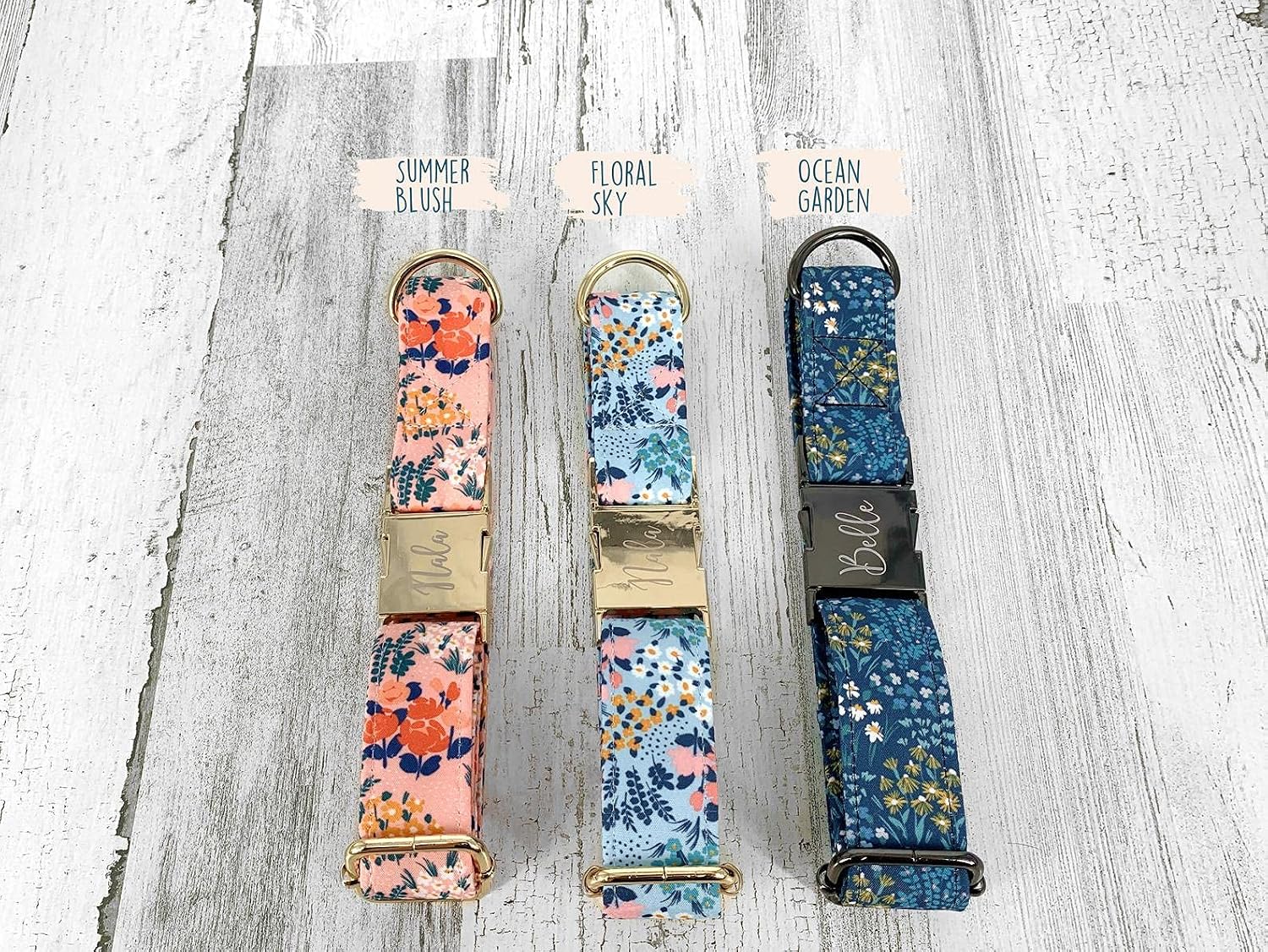 Personalized Handmade Dog Collars, Laser Engraved Metal Summer Wild Floral Wide Dog Collar, Quick Release Buckle, Spring, Whimsical