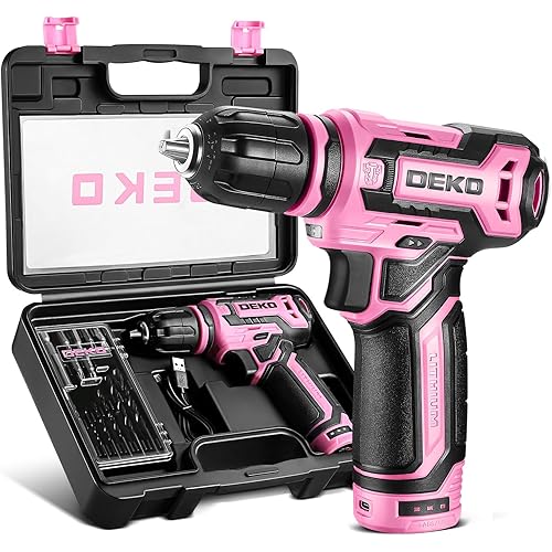 Cordless Drill：DEKO PRO 12V Power Drill Set with Pink Electric Drill with Tool Set Gift Box, Pink Drill Set for Women