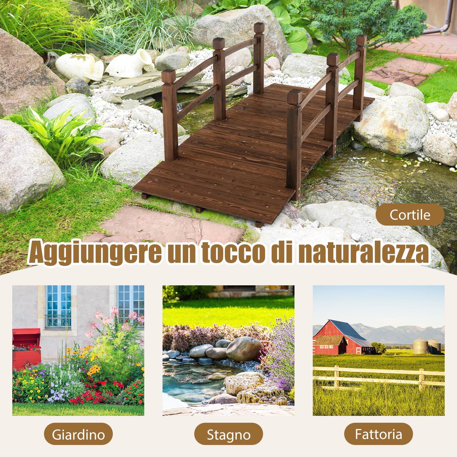 COSTWAY Ponte da Giardino in Legno di Abete 170 cm, Ponticello Decorativo con Ringhiere di Sicurezza, per Giardino Cortile e Fattoria, 171x76,5x58,5cm, Portata 180 kg