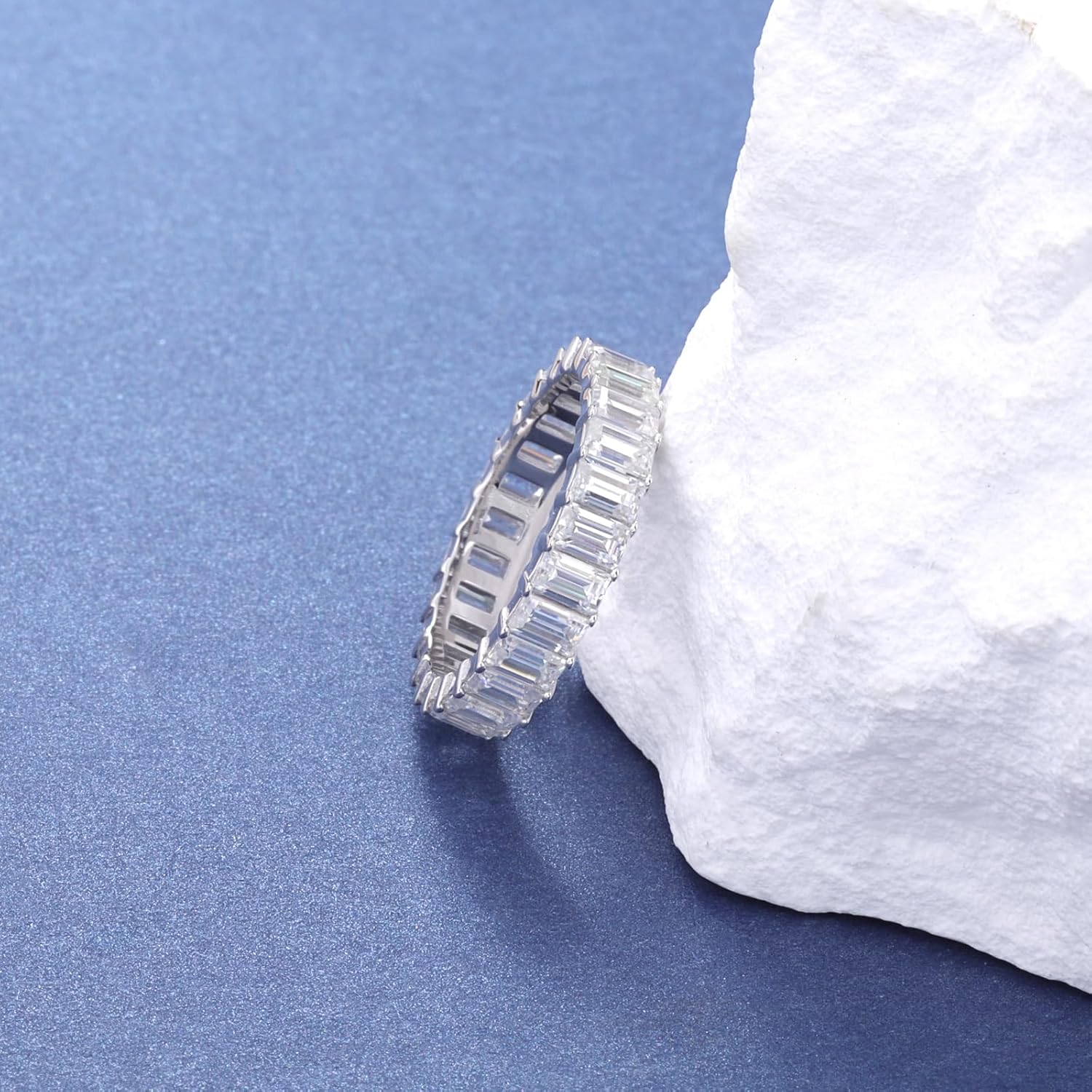 Moissanite Eternity Ring for Women: S925 Sterling Silver Full Moissanite Wedding Band Stackable Engagement Anniversary Promise Emerald cut Jewelry Gift for Wife Fiancee Bride