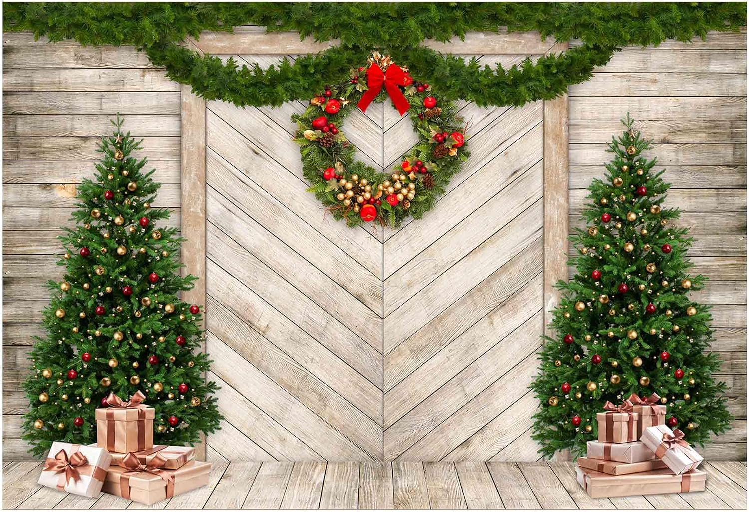 Funnytree 7x5FT Christmas Wood House Photography Backdrop for Xmas Decoration Pine Tree Gifts Rustic Door Background Photo Booth Shoot