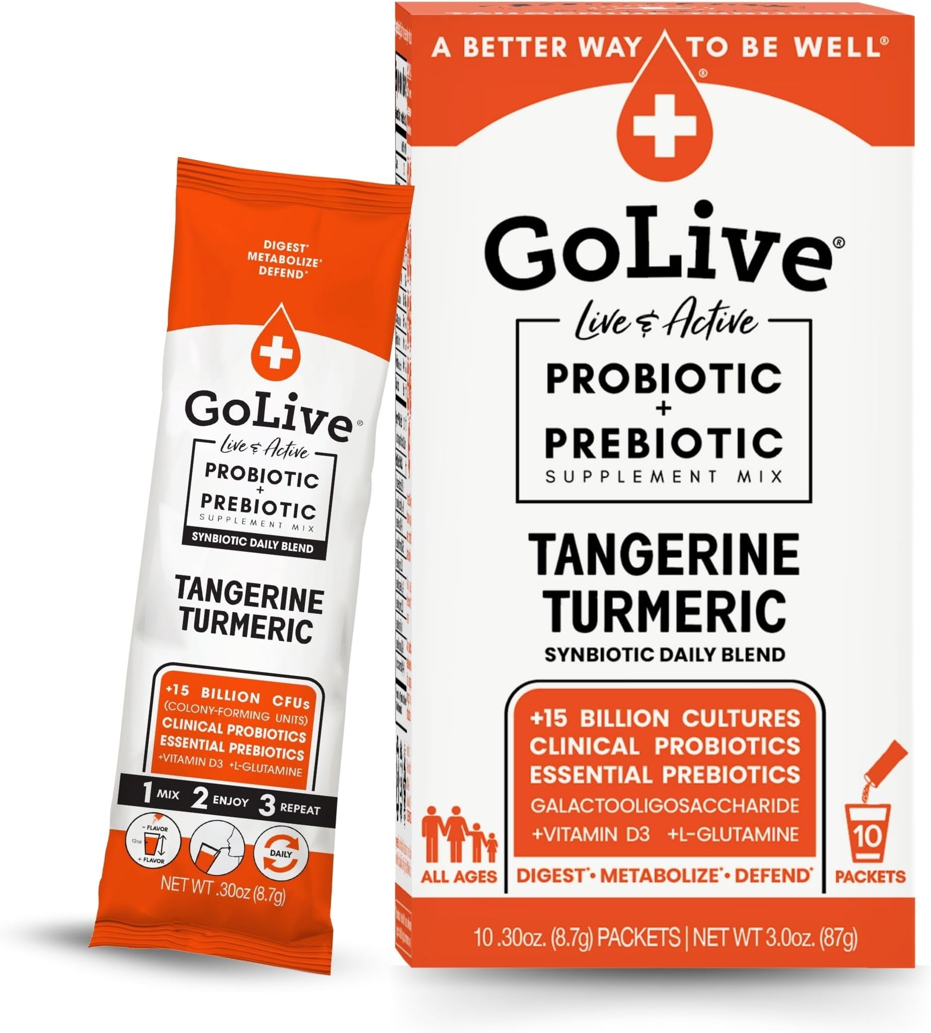 GoLive Prebiotic and Probiotic for Women, Men, Kids. Tangerine Turmeric Synbiotic Powder w/ L-Glutamine, Vitamin D3, Electrolytes. For Gut Health, Digestion, Metabolism, Immunity 15-50B CFUs.