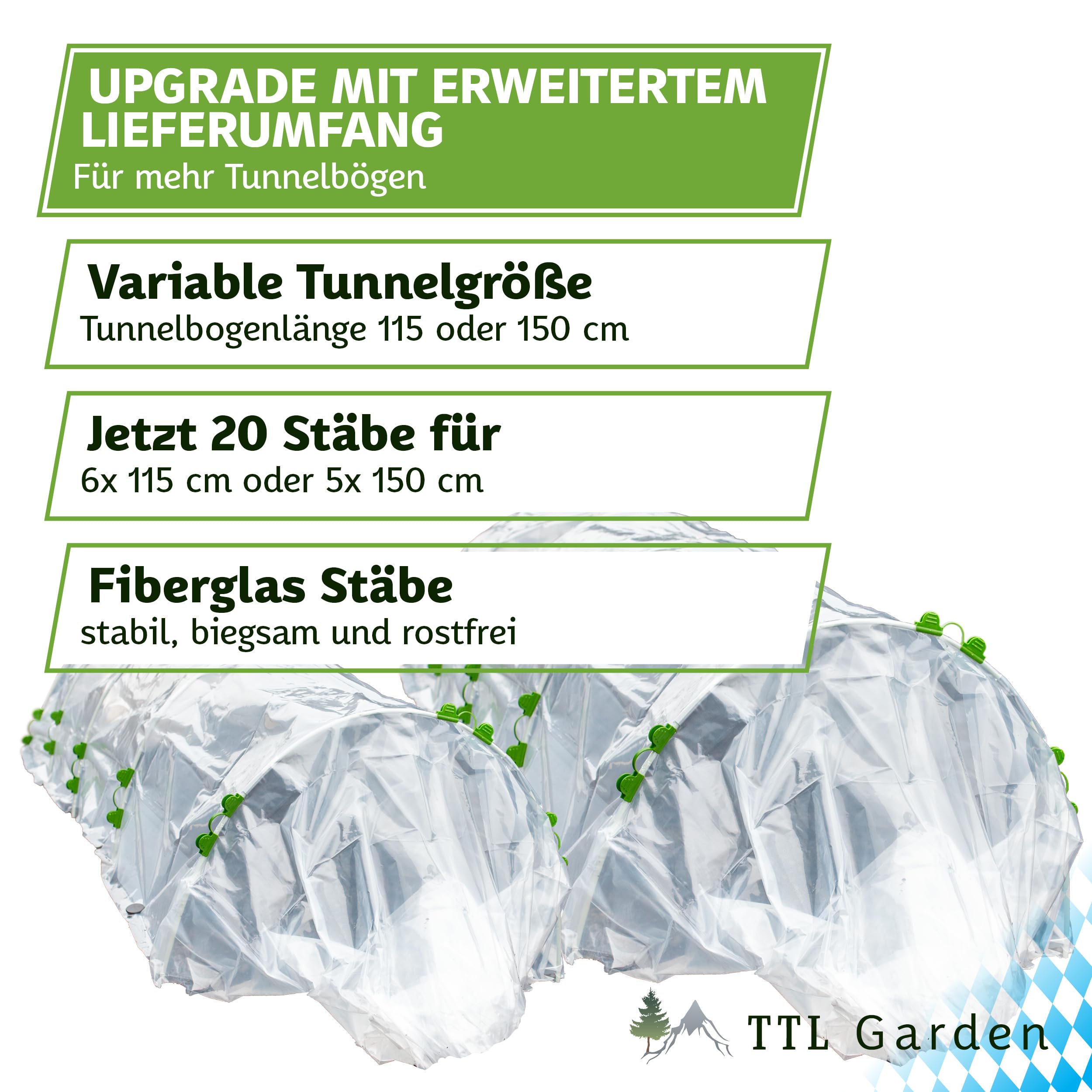 TTL GARDEN Folientunnel Set Flex L 20 mit PE Folie 6 x 2,5 m - 6 x Fiberglas Bögen & PE Anzuchtfolie 6x2,5m breit, Rund Bogen für Abdeckung Frühbeet Hochbeet Gemüsebeet, stabil langlebig & rostfrei