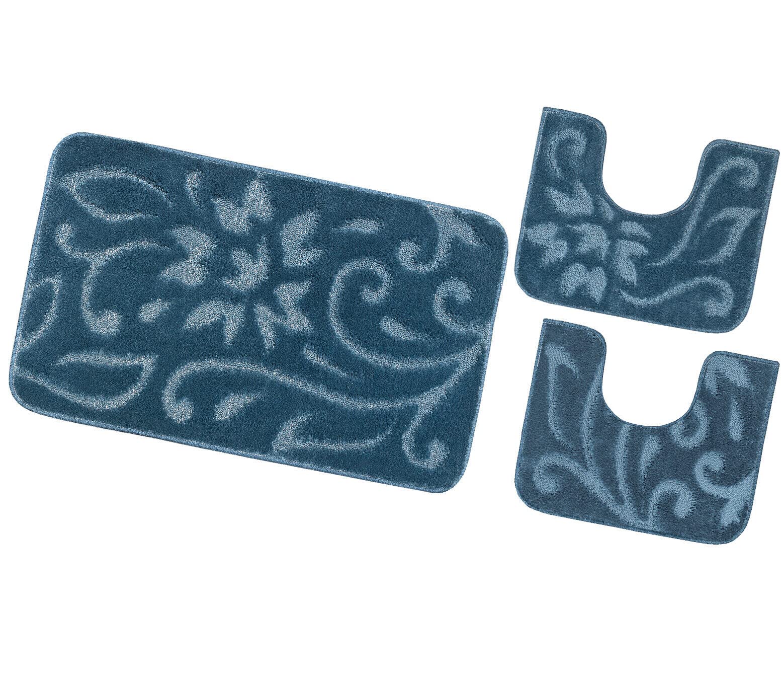 emmevi Lot de 3 tapis de bain doux, élégant, antidérapant, lavable, modèle Java, lot de 3 pièces, bleu