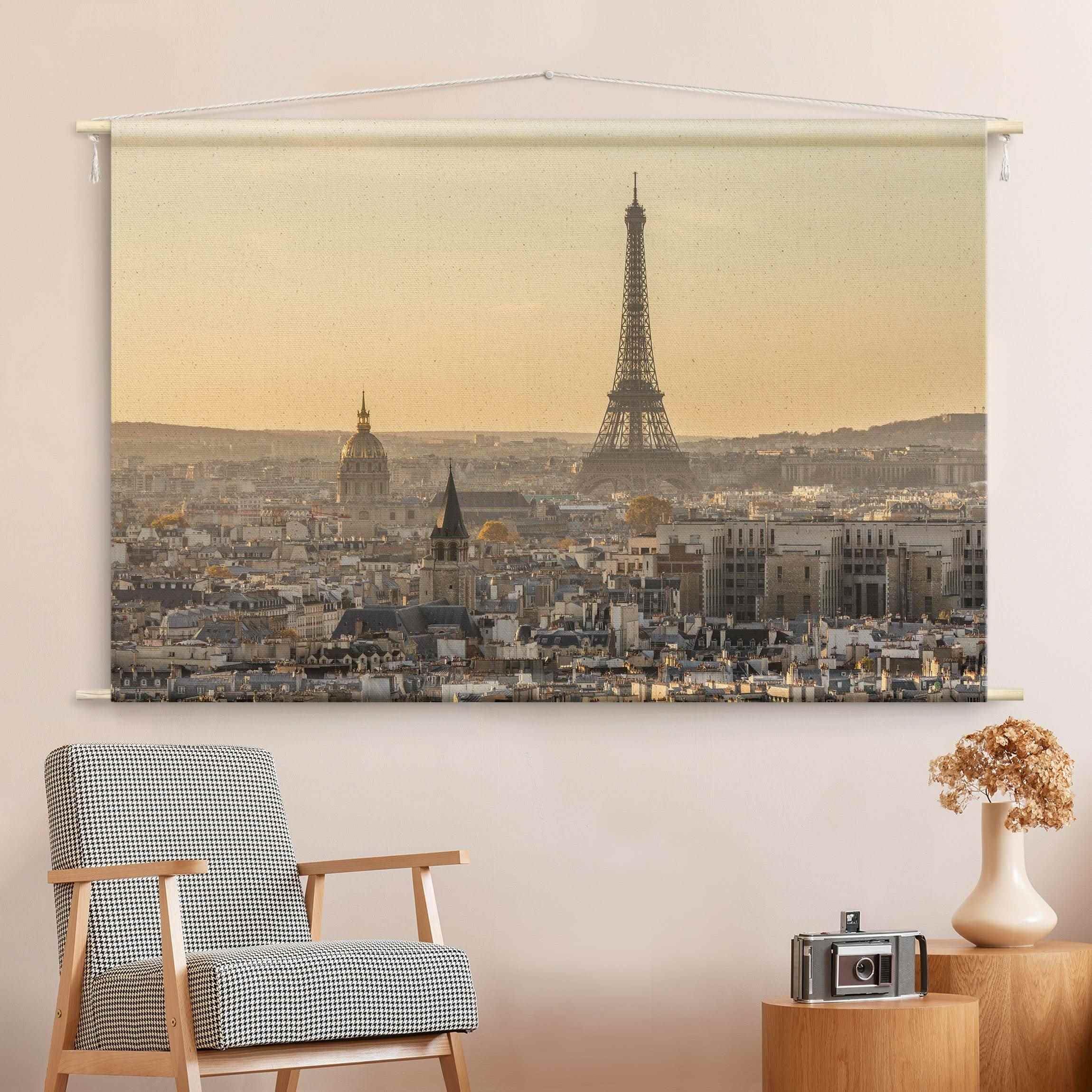 micasia Wandteppich Matteo Colombo Skyline Stoffbild inkl. Holzstäbe & Seile Wanddeko - Made in Germany - Paris Retro Vintage beige Wohnzimmer Schlafzimmer Wandbehang 1658 (205x137cm)