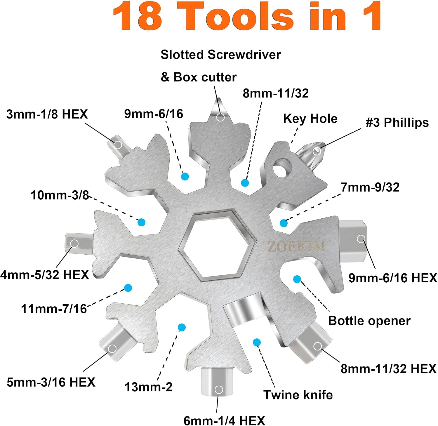 ZOEKIM 18-in-1 Snowflake Multitool, Stainless Steel Snowflakes Multitool Keychain, Combination Bottle Opener Incredible Tool