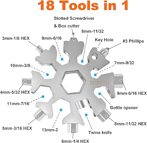 Miniatura 3 de Multiherramienta de copo de nieve 18 en 1, llavero multiherramienta de copos de nieve de acero inoxidable, abridor de botellas combinado,