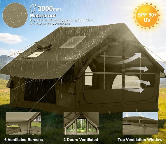 Inflatable Tents for Camping with Stove Jack, 4 Person Easy Setup Blow Up Tents for 4 Seasons Waterproof Inflatable Air Tent,Glamping Tent House