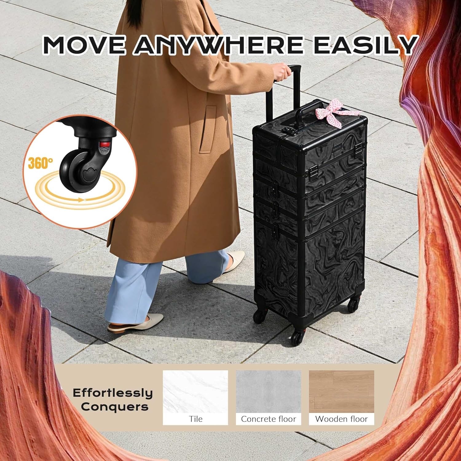 BYOOTIQUE Rolling Makeup Train Case on Wheels 4in1 Cosmetology Profesional Travel Cosmetic Bag Lockable Organizer Box for Hairstylist Artist Nail Beauty Salon Barber,CoyoteButtes Shadows