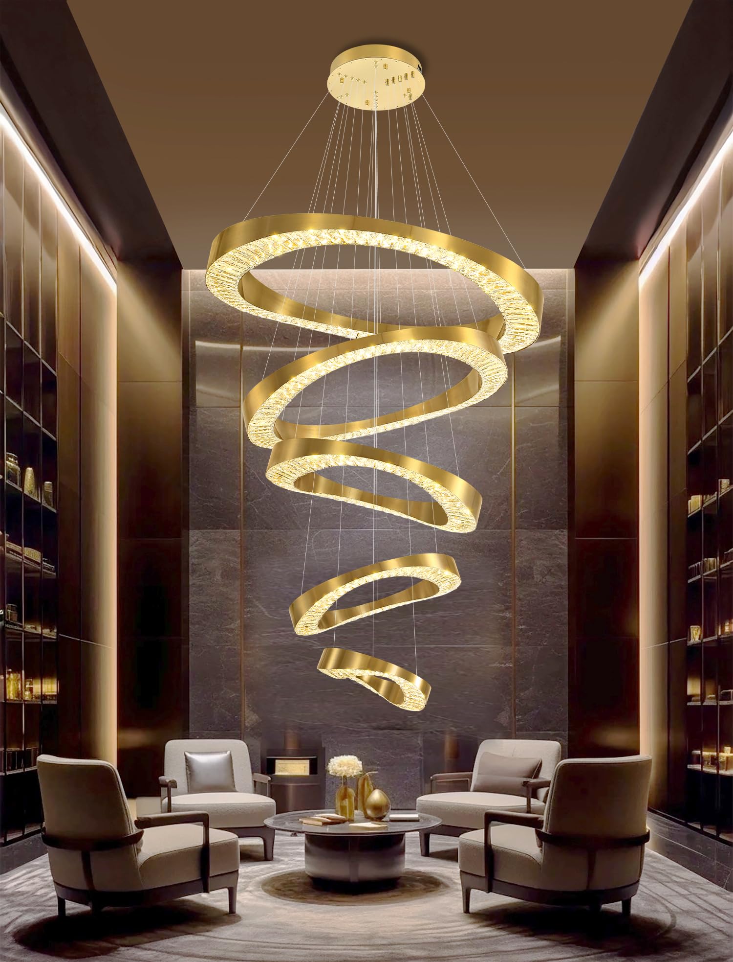 Flashing God Large Chandelier for High Ceiling Modern 5 Ring Crystal Chandelier for Entryway Hanging Lighting Fixtures for