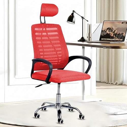 Casa Copenhagen,Mesh Office Desk,Rocking, Ergonomic Computer Chair Adjustable High with Headrest and Comfortable Armrest Swivel Chair - Red & Jet Black Handle