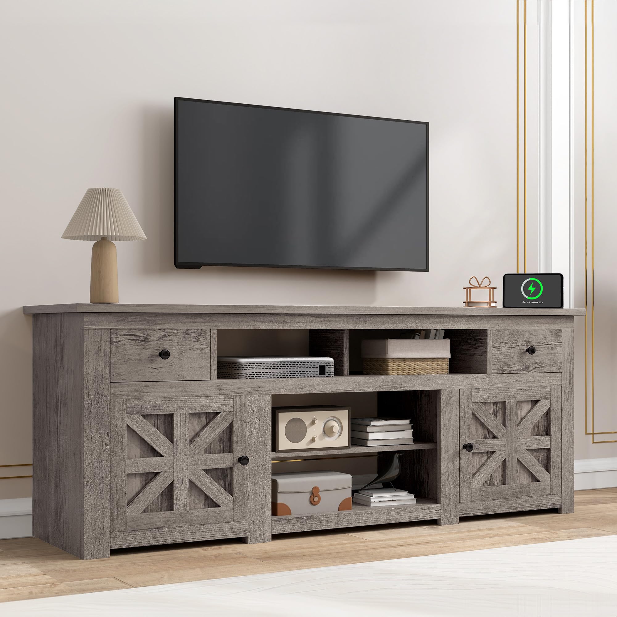 Photo 1 of ***BOX 1 OF 2***FACTORY SEALED***DWVO Farmhouse TV Stand for 75/80 Inches TVs, Entertainment Centers Furniture 30" Tall, TV Consoles with Storage Drawers & Power Outlet, Rustic TV Stands for Living Room, Washed Grey