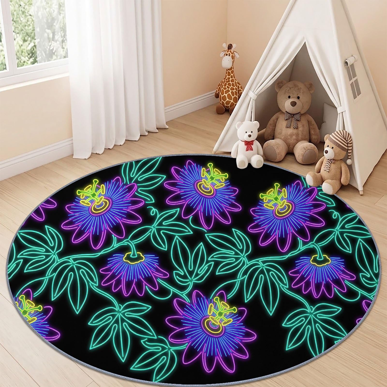 Tapis Rond Moderne Tropical 120 cm, Fleurs Feuilles Passiflore Néon Lavable en Machine pour Salon, Noir Multicolore Antidérapant, Poil Court Tapis Rond Imprimé pour Chambre d’Enfant Nurserie