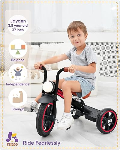 Miniatura 2 de KRIDDO Triciclo para niños, rueda sin pinchazos de 12 pulgadas con luz delantera, altura de asiento ajustable, regalo para niños de 2 a 5 años,