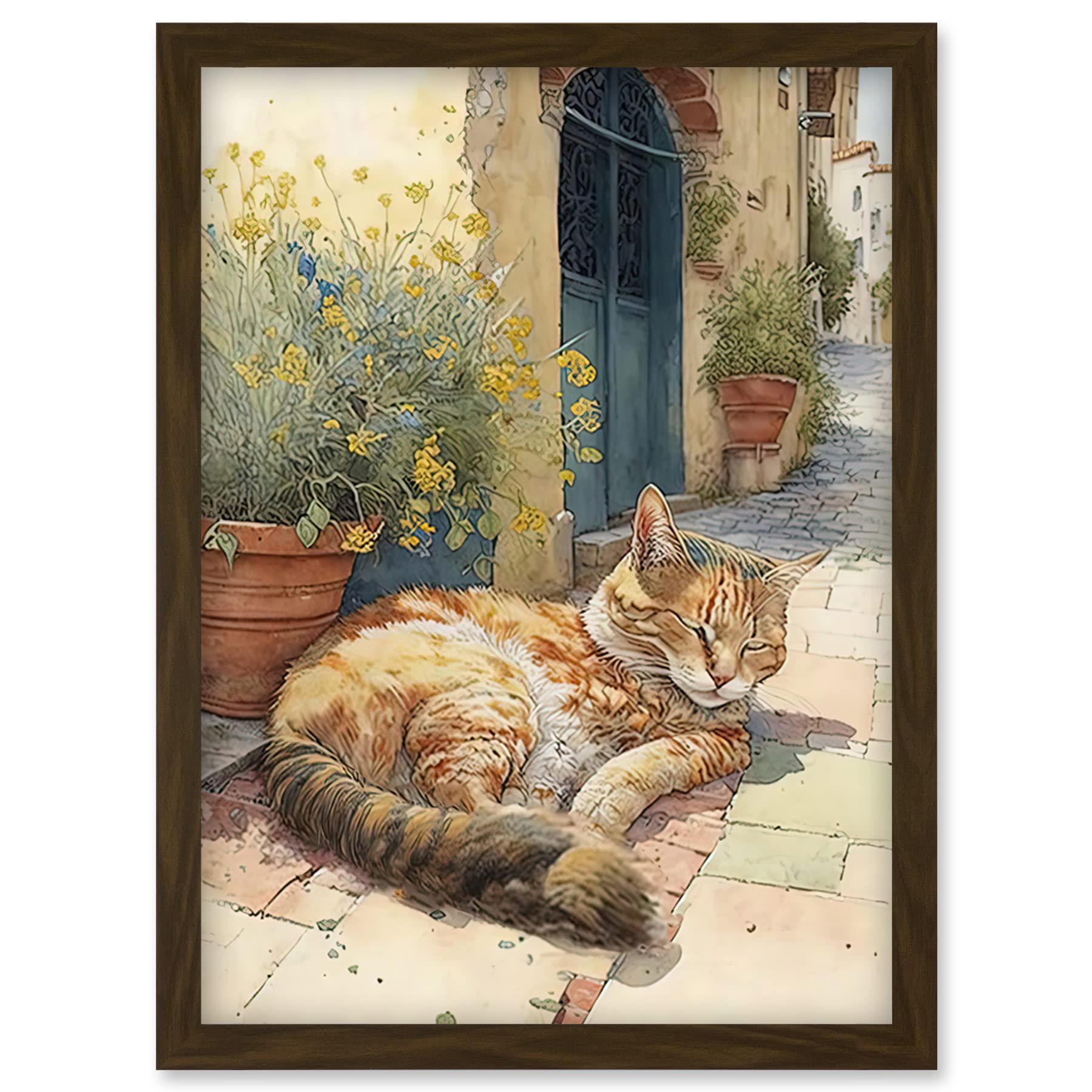 Artery8 Cat Sunbathing in Mediterranean Village Street Watercolour Illustration Artwork Framed Wall Art Print A4