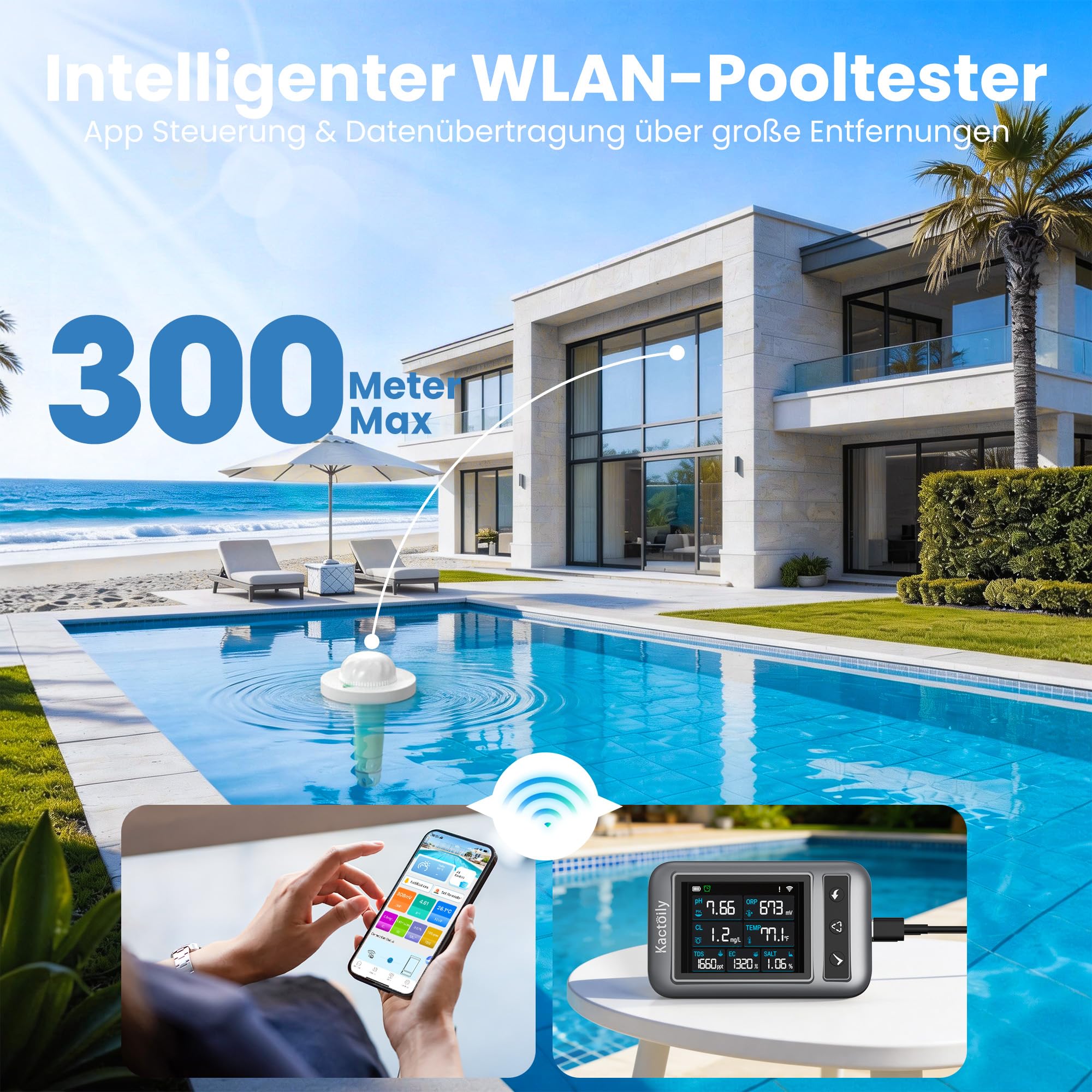 Intelligenter 7-in-1 Pooltester mit App-Steuerung, Digitaler Pool Messgerät für pH, Chlor, TDS, EC, ORP, Salz, Temperatur, IP68 wasserdichtes Wassertester für Pools, Whirlpools, Spas, Schwimmbad