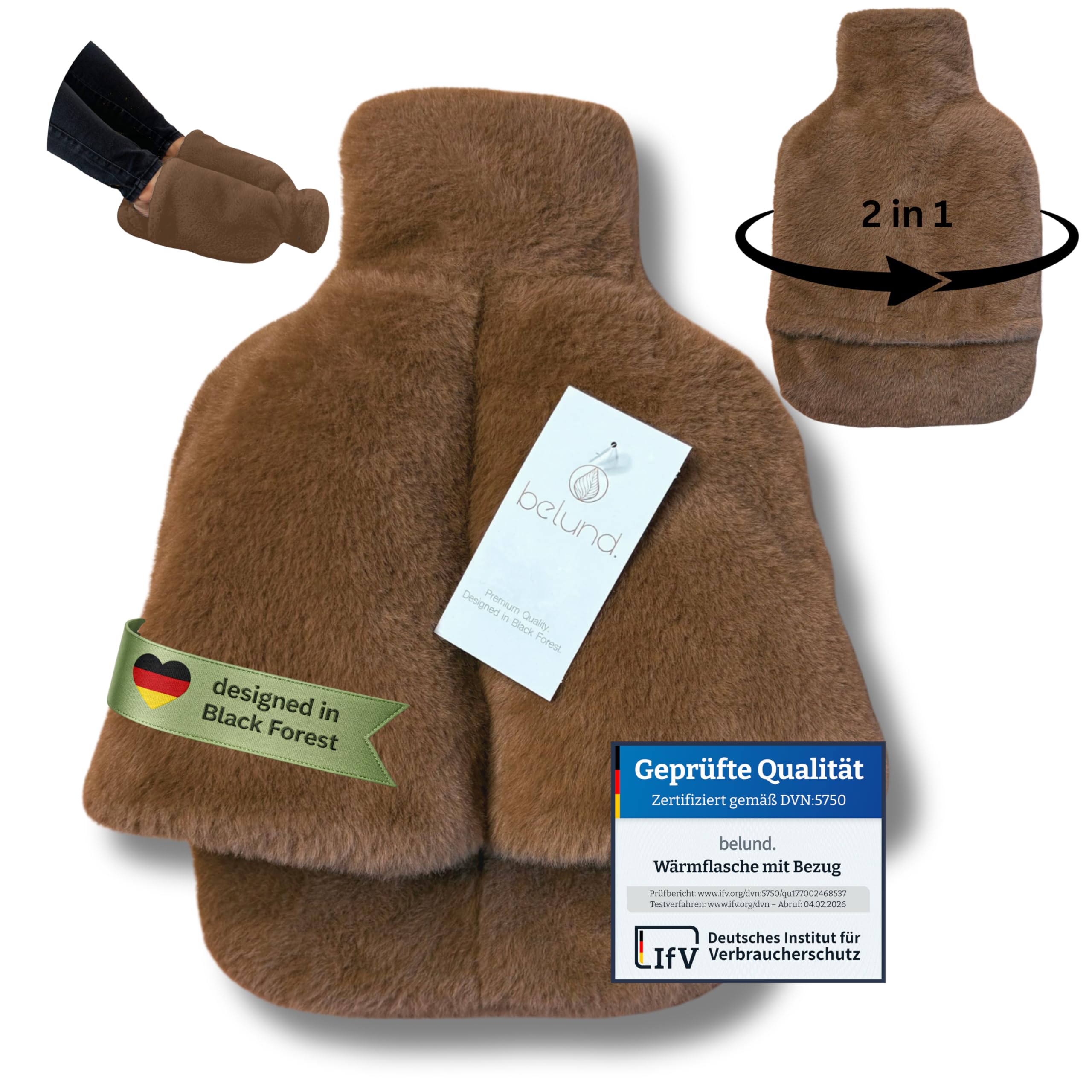 Fußwärmer Wärmflasche 2in1 – flauschiger Fußwärmer für kalte Füße – Bettflasche mit extra dickem, waschbarem Plüschbezug, ohne Strom, lange warm – beidseitig weich & kuschelig – belund.® Caramel Braun