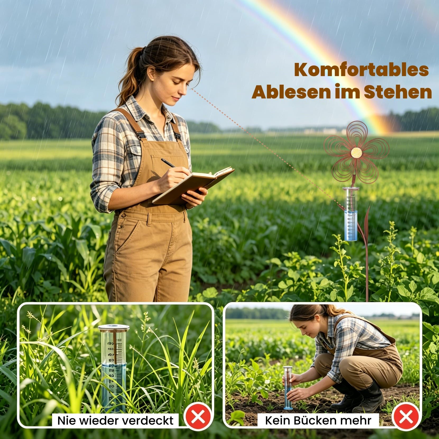 Regenmesser für Garten frostsicher 110 cm Hoch, Dekorativer Niederschlagsmesser aus Glas mit Metall Blumenstecker, Gartendeko in Rostoptik mit Erdspieß