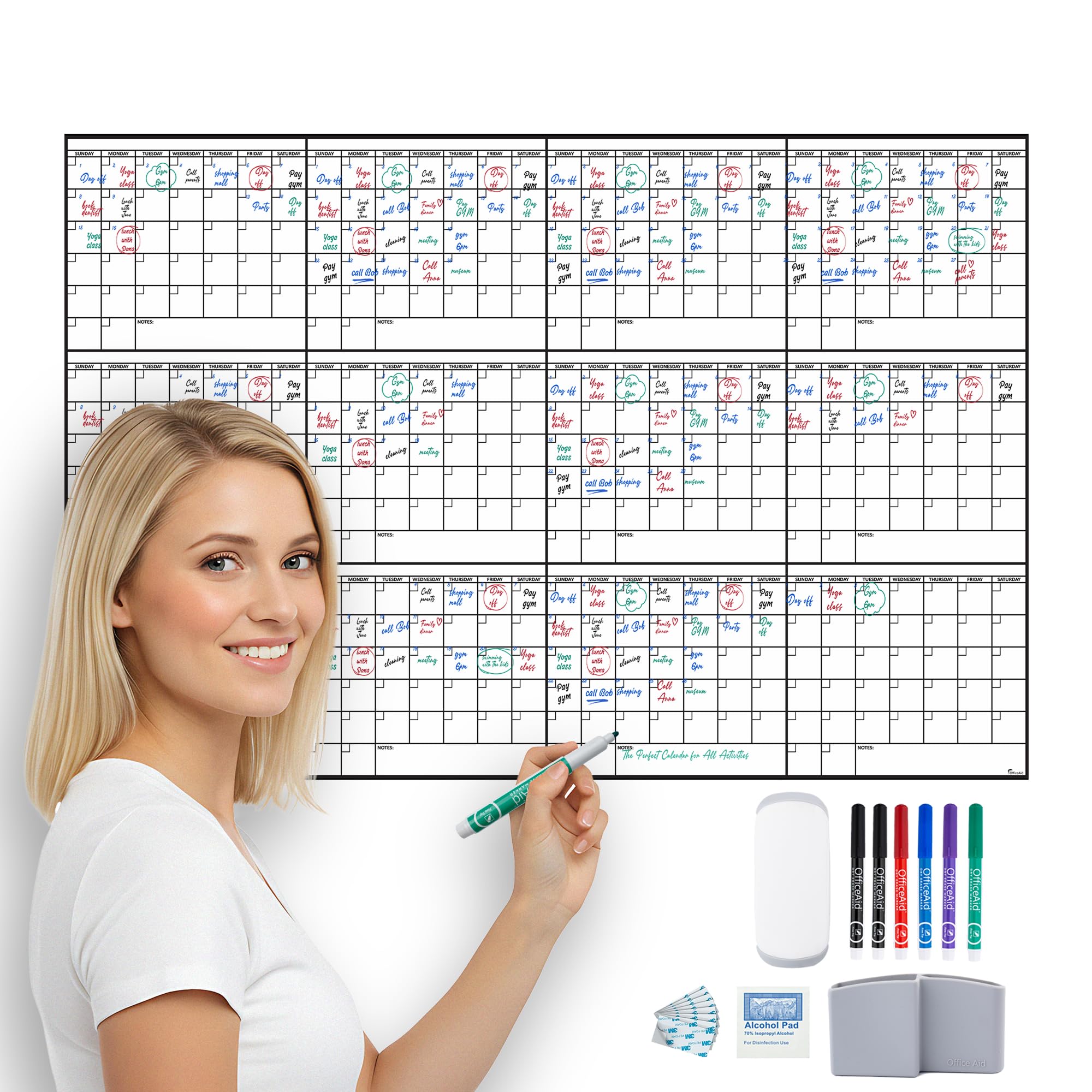 Yearly Large Dry Erase Calendar Wall Planner, 24x36, 12 Month Wall Calendar Dry Erase Planner