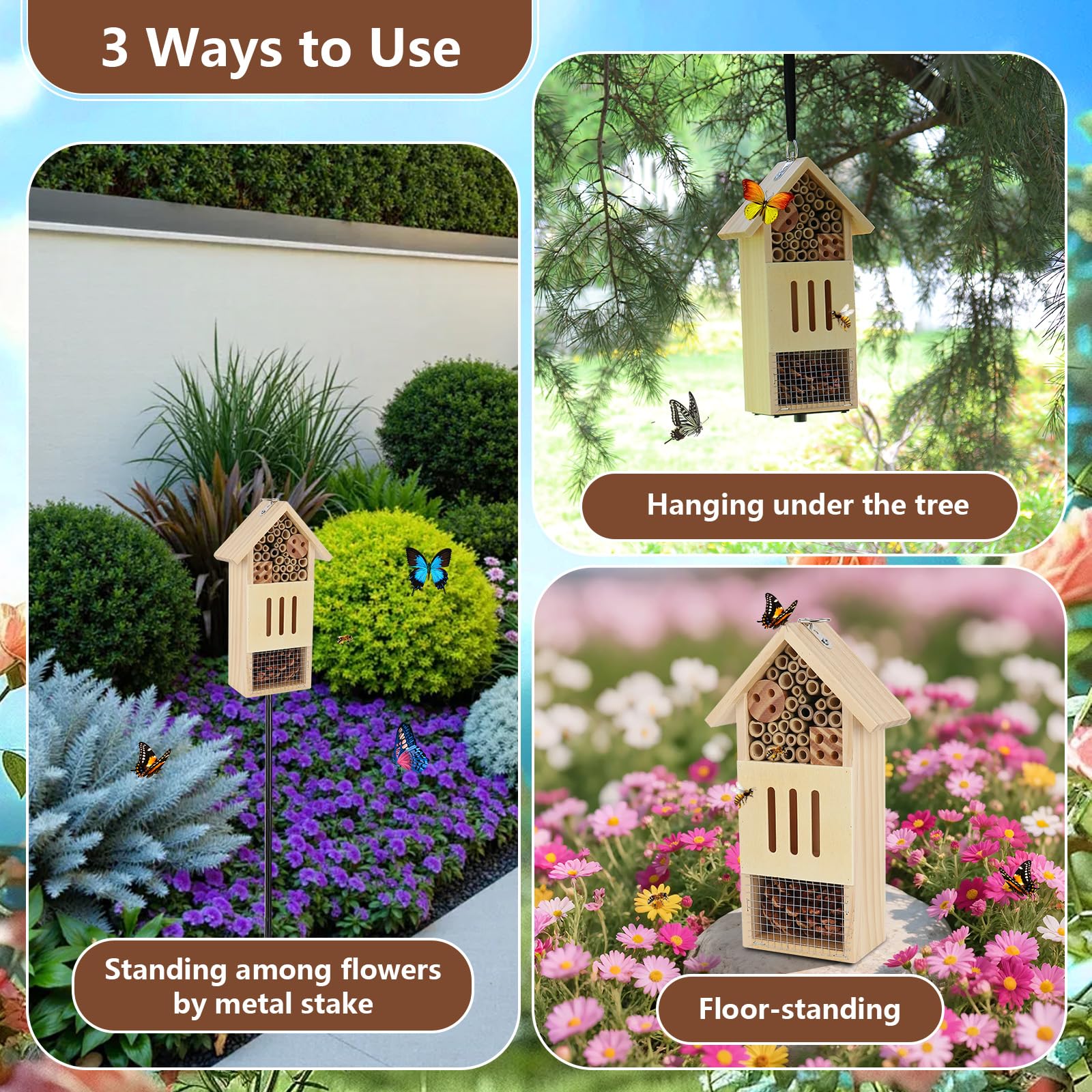 Lettry Casetta per insetti in legno, con paletto in metallo, per giardino, casa delle api e hotel per farfalle a terra o appesa alla parete dell'albero, habitat naturale per insetti per api, farfalle