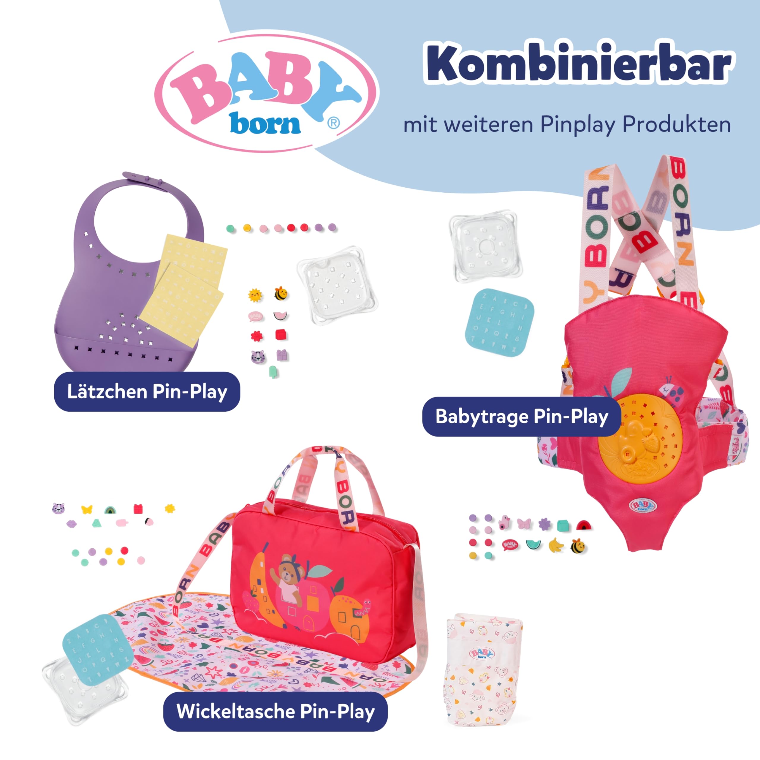 BABY born 3 in 1 Wiege Pinplay, Puppenbett, Wiege und Trage mit Pins zum Verzieren, inkl. Bettdecke und Kopfkissen