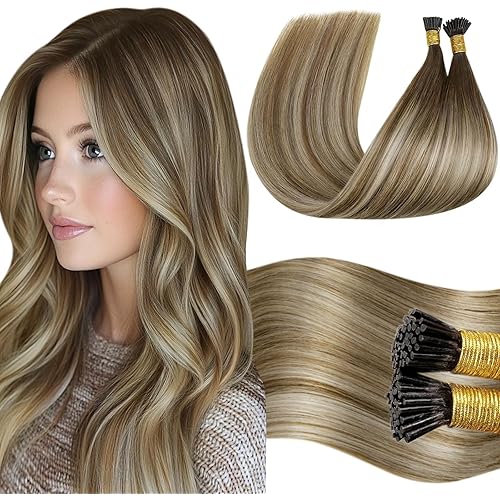 LaaVoo Itip Human Hair Extensions Ombre I Tip Hair Extensions Human Hair Balayage Brown to Medium Brown with Blonde Remy Hair Itips Hair Extensions Human Hair 50 Strands 50g 22inch