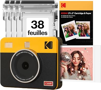KODAK Mini Shot 3 Retro 4Pass 2-in-1 Appareil Photo Instantané et Imprimante Photo Portable (7,6×7,6cm) + Paquet avec 38 Feuilles, Jaune