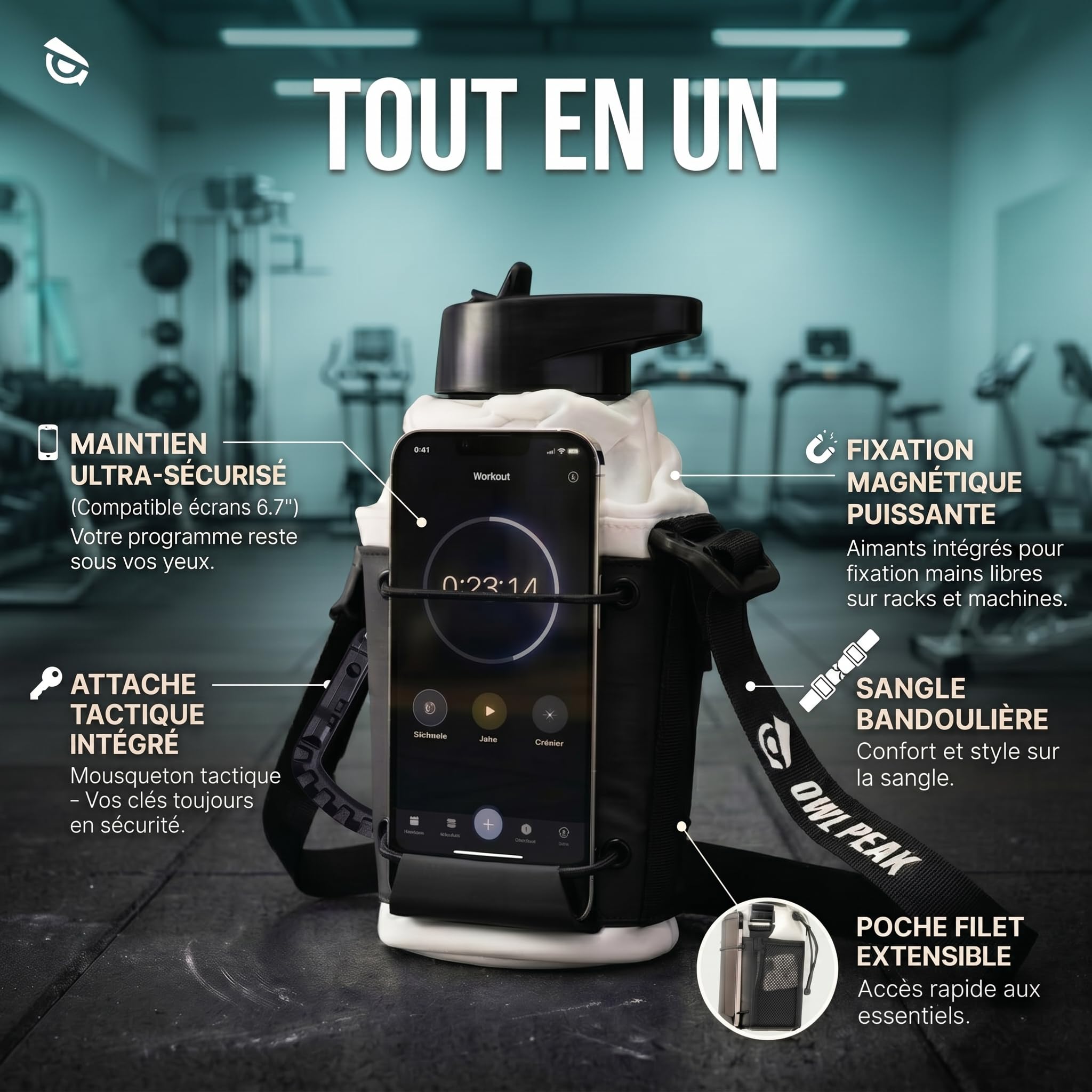 Sac magnétique pour Gourde – Supporte 3 kg sur Rack de Musculation – Range téléphone, clés & Carte – Sacoche bandoulière Sport & Voyage Unisexe – Accessoire Fitness Intelligent