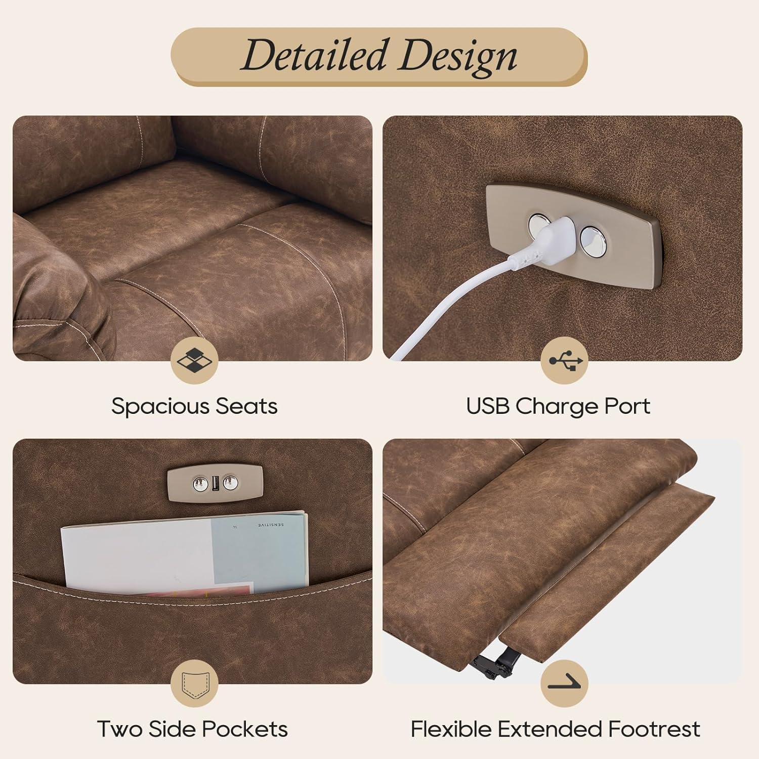 Power Recliner Chair with Extended Footrest, Electric Recliner Chair with Massage and Heat, Power Recliner Chairs for Adult with USB Ports, Side Pockets for Living Room (Dark Brown, PU)