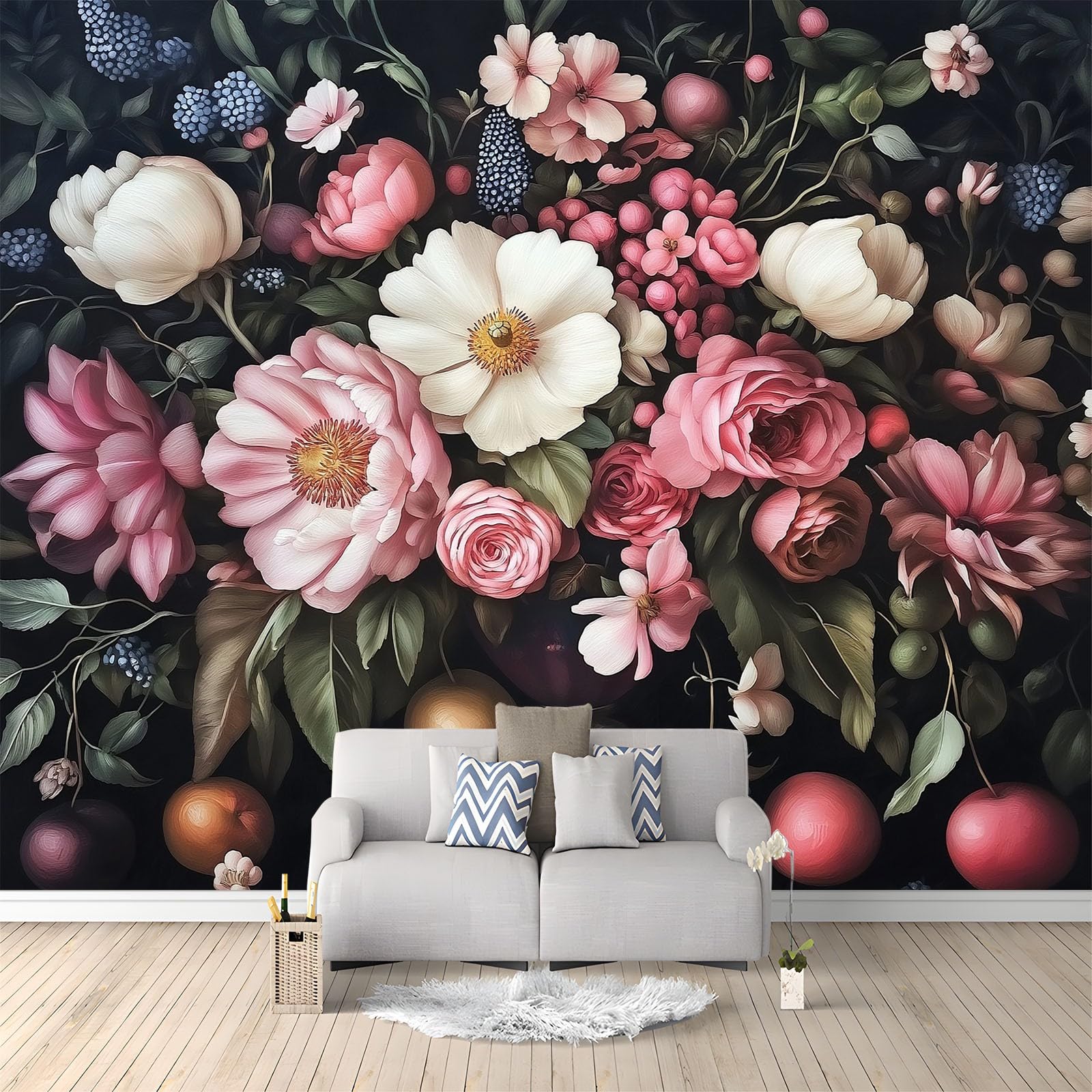 Papier peint intissé XXL pivoine pour cacher les défauts du mur de salon